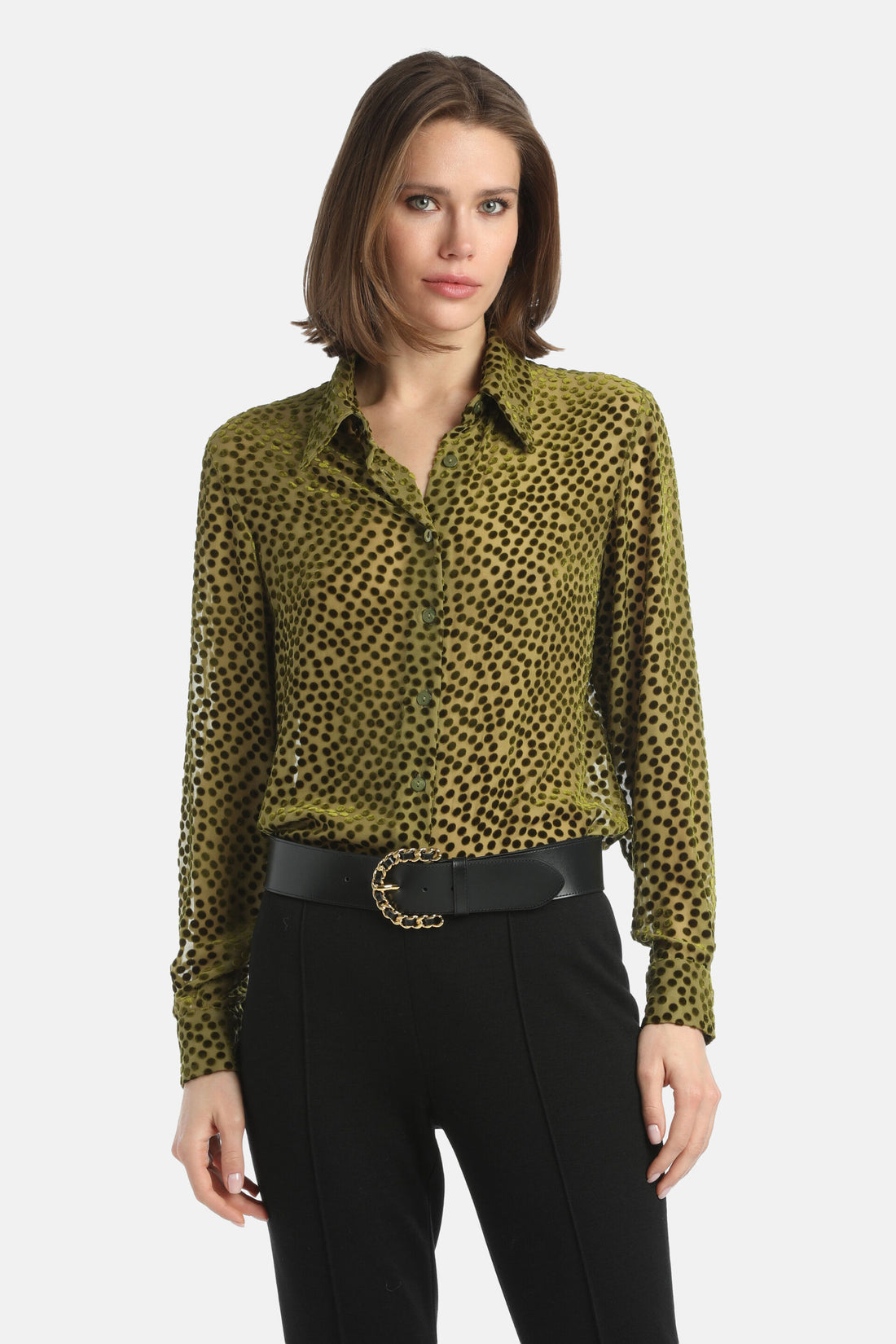 Luisa Spagnoli_Verde Militare_Linaria - Polka-Dot Textured Shirt_LINARIA_1717_01