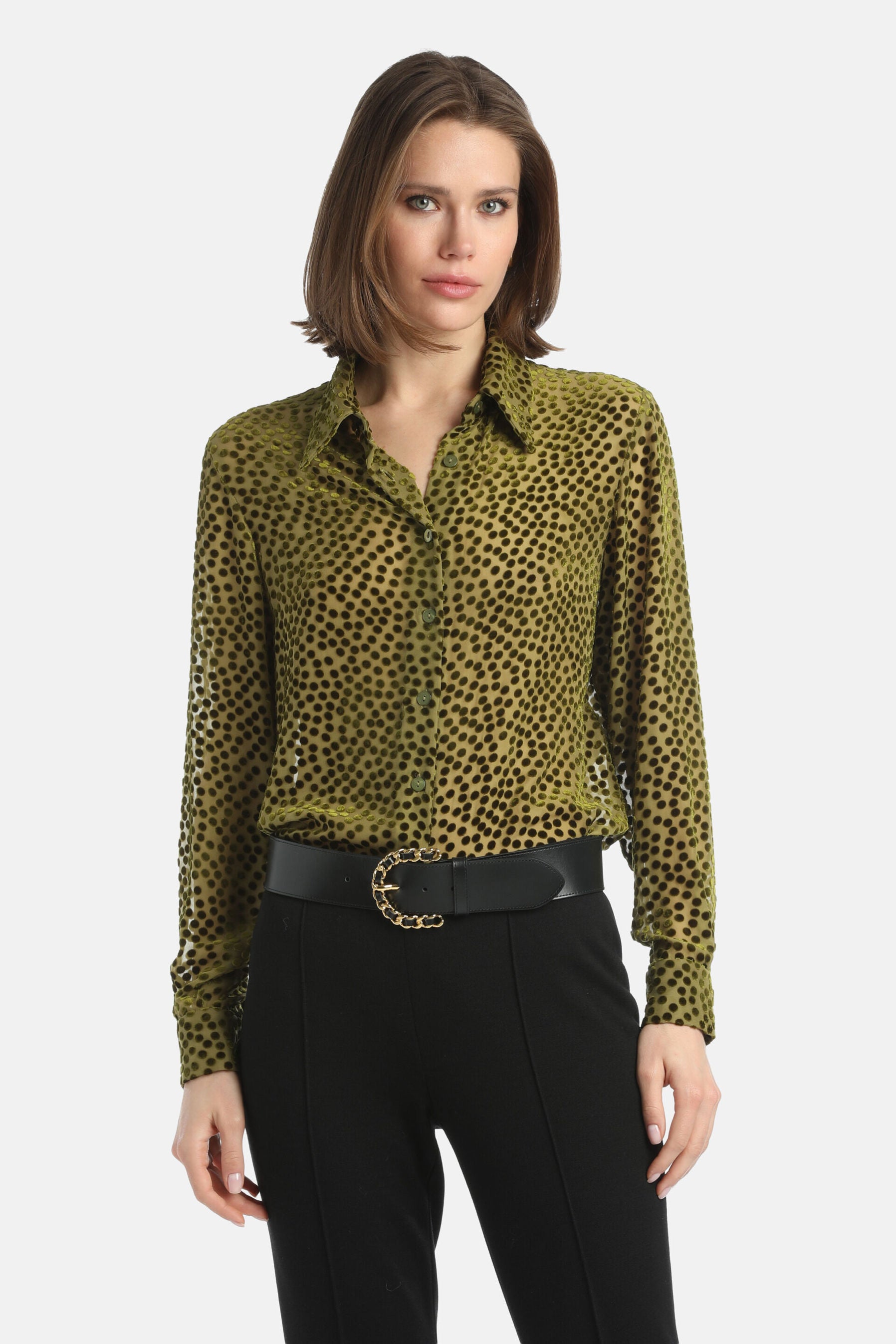 Luisa Spagnoli_Verde Militare_Linaria - Polka-Dot Textured Shirt_LINARIA_1717_01