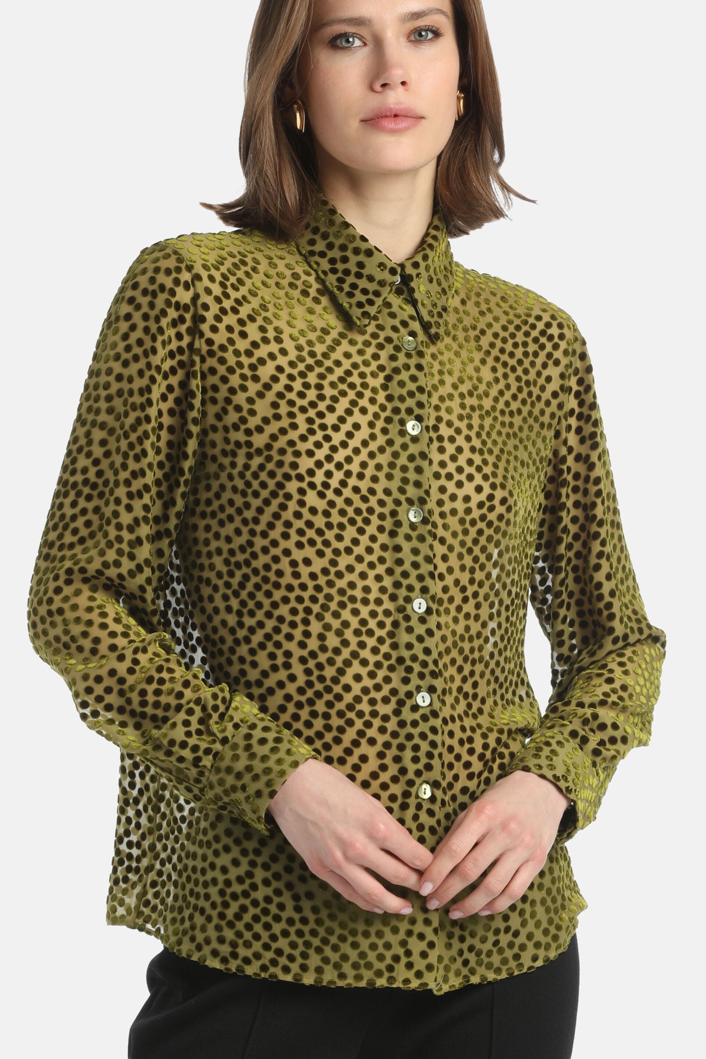 Luisa Spagnoli_Verde Militare_Linaria - Polka-Dot Textured Shirt_LINARIA_1717_03