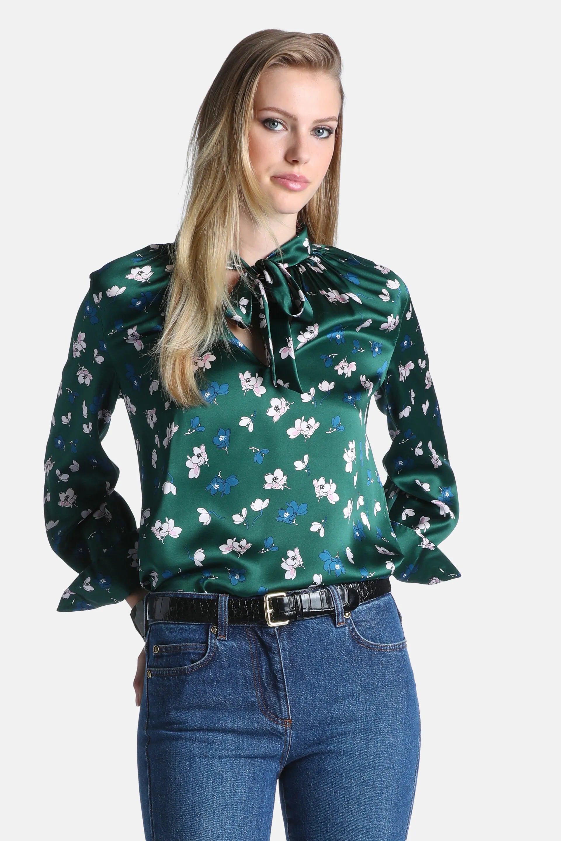Luisa Spagnoli Var Fondo Verde Women Lisella - Floral-Printed Silk Blouse SKU: LISELLA_4614 Image 01