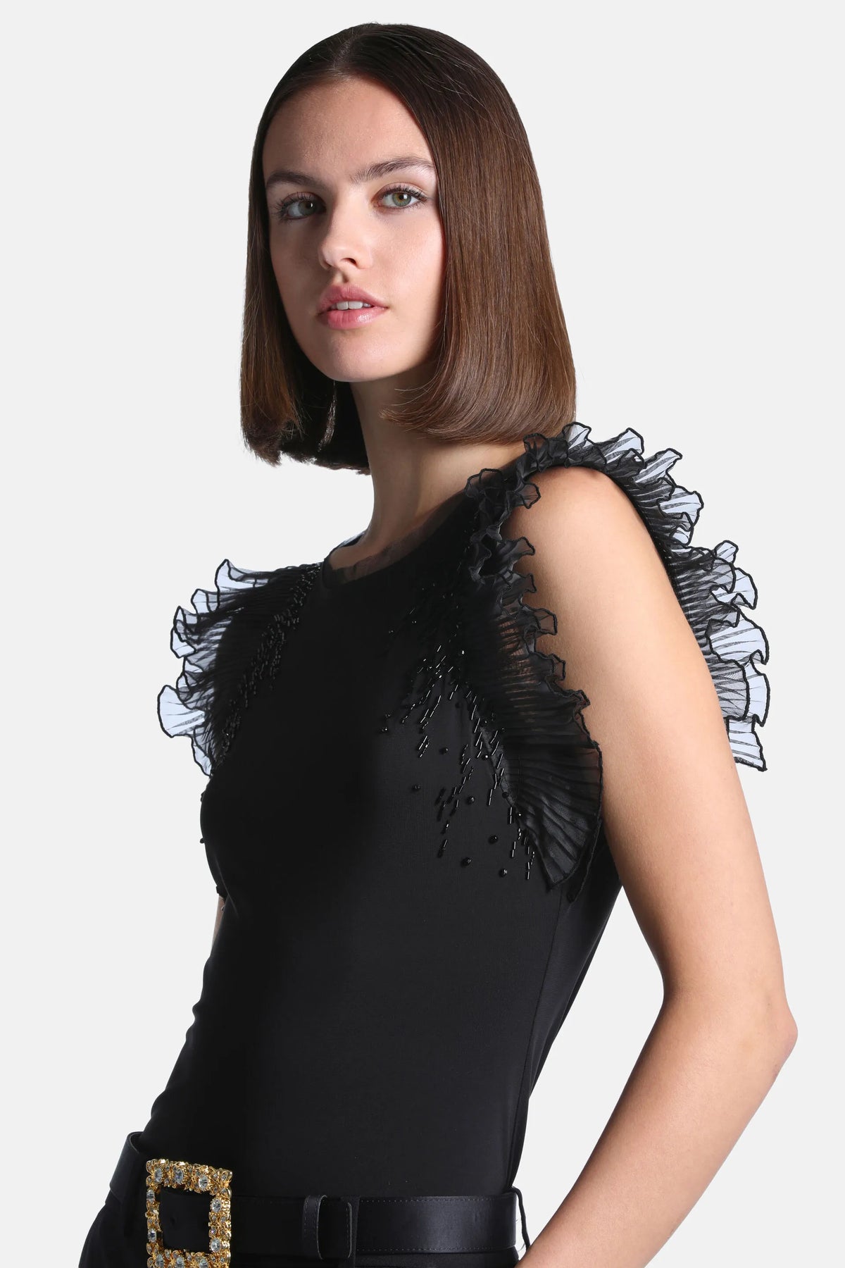 Luisa Spagnoli Nero Women Lusinga - Embellished Flounced Top SKU: LUSINGA_0101 Image 01