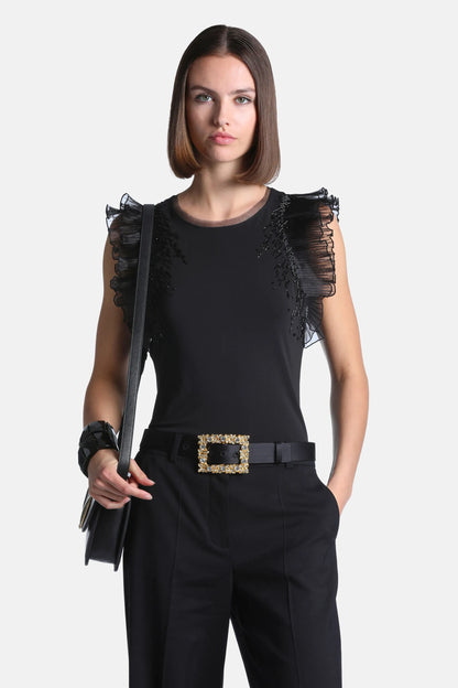 Luisa Spagnoli Nero Women Lusinga - Embellished Flounced Top SKU: LUSINGA_0101 Image 02