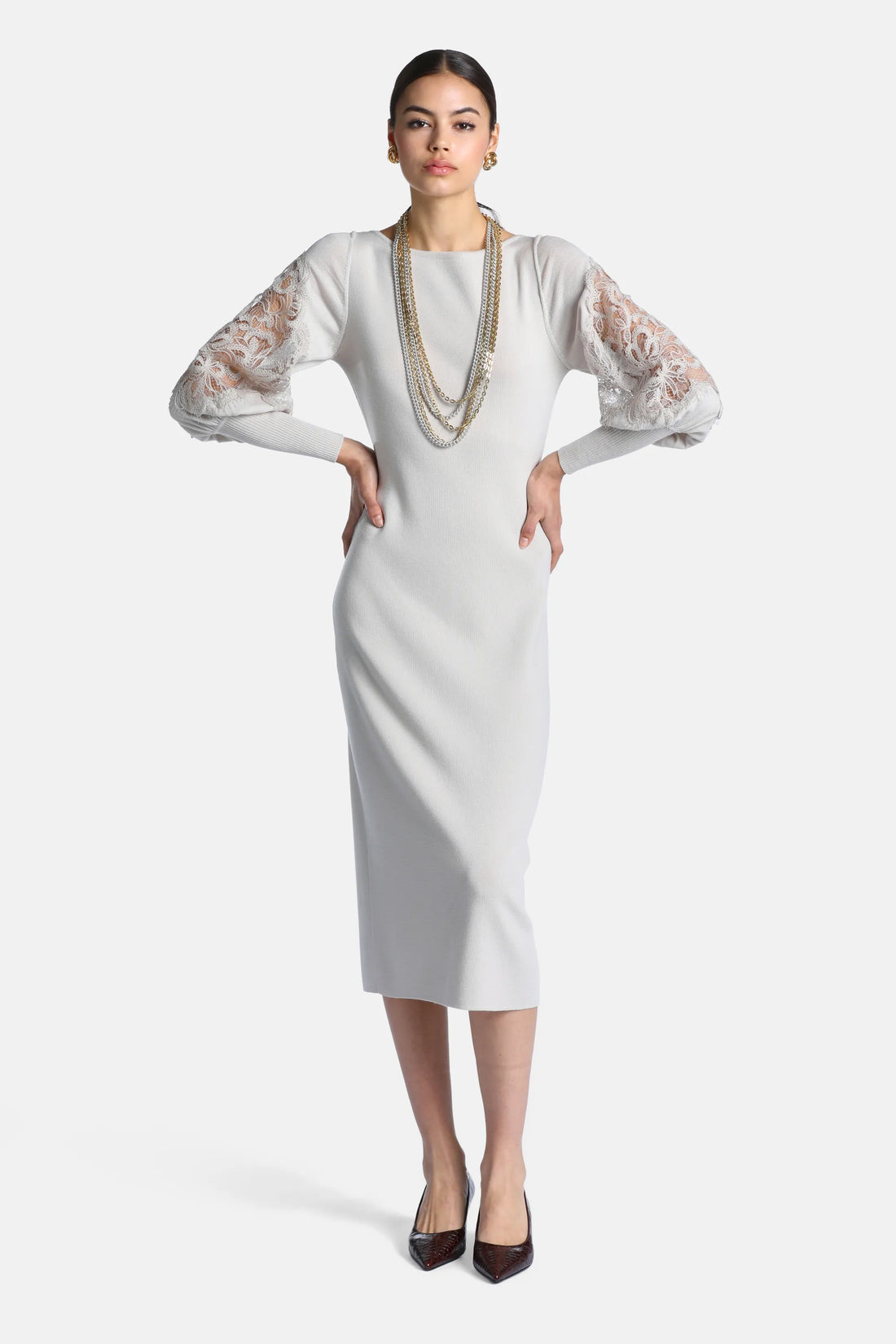 Luisa Spagnoli Beige/Tortora Women Madelin Wool Midi Dress with Lace SKU: MADELIN_1163 1122 Image 01