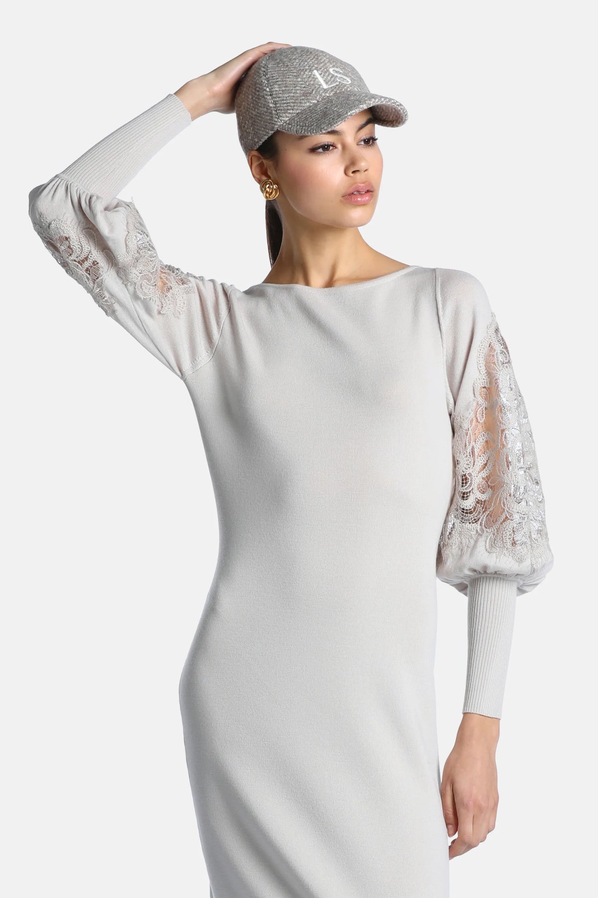 Luisa Spagnoli Beige/Tortora Women Madelin Wool Midi Dress with Lace SKU: MADELIN_1163 1122 Image 04