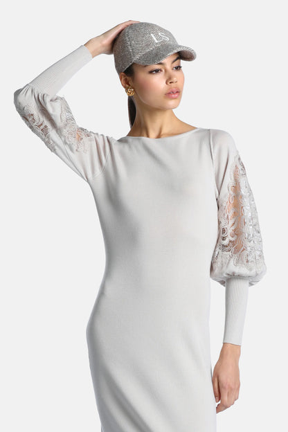 Luisa Spagnoli Beige/Tortora Women Madelin Wool Midi Dress with Lace SKU: MADELIN_1163 1122 Image 04