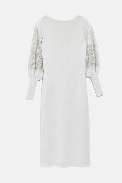 Luisa Spagnoli Beige/Tortora Women Madelin Wool Midi Dress with Lace SKU: MADELIN_1163 1122 Image 05