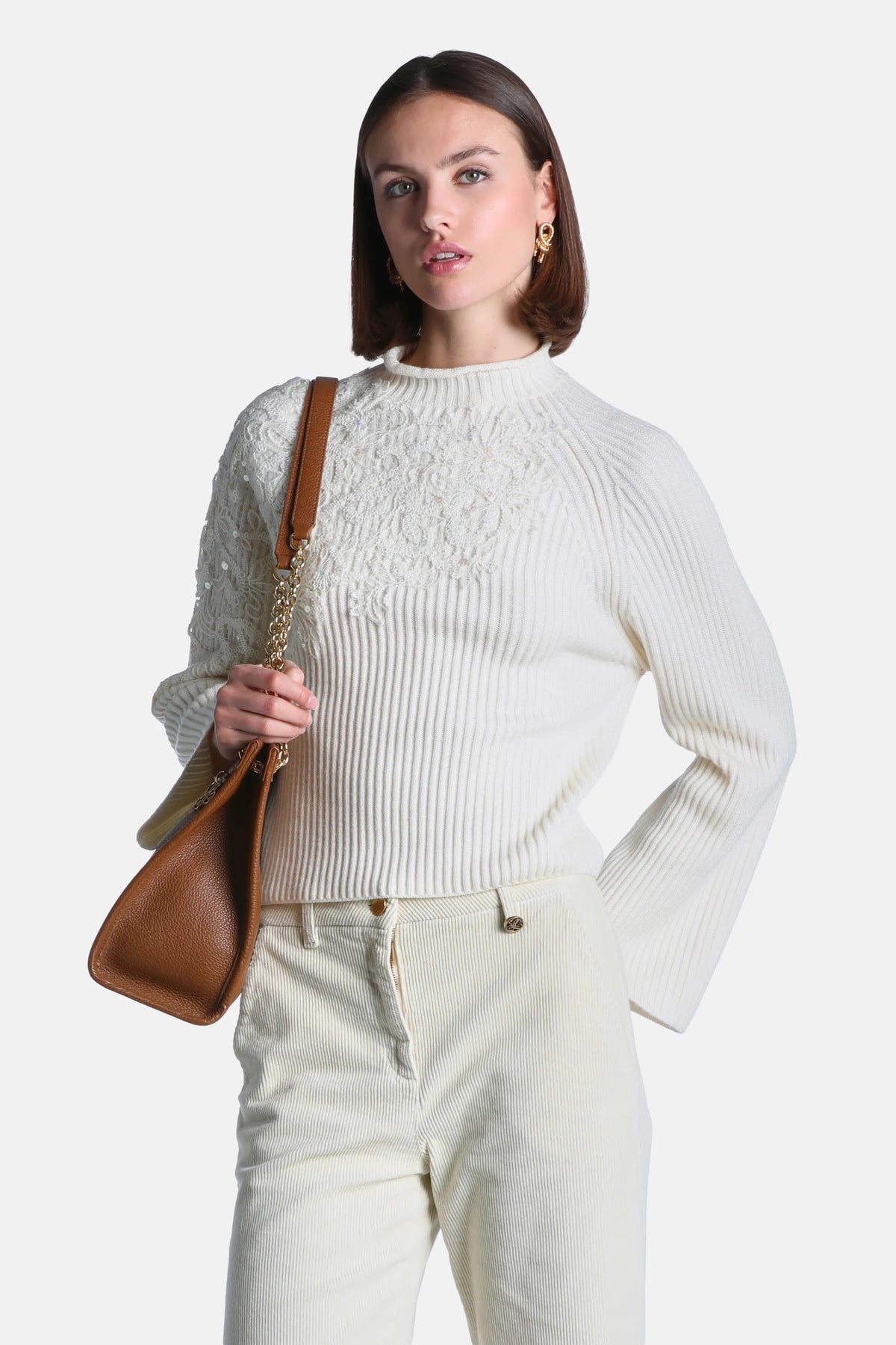 Luisa Spagnoli Panna/Panna Women Maestosita Sweater with Yarn Embroidery and Sequins SKU: MAESTOSITA_0202 0202 Image 01