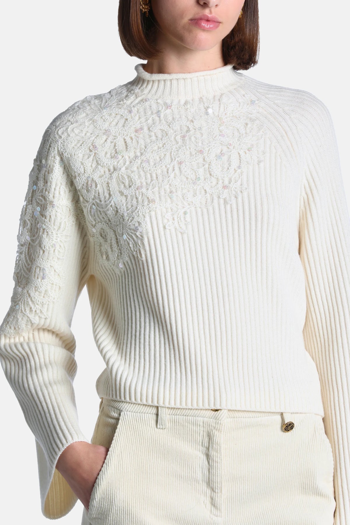 Luisa Spagnoli Panna/Panna Women Maestosita Sweater with Yarn Embroidery and Sequins SKU: MAESTOSITA_0202 0202 Image 03