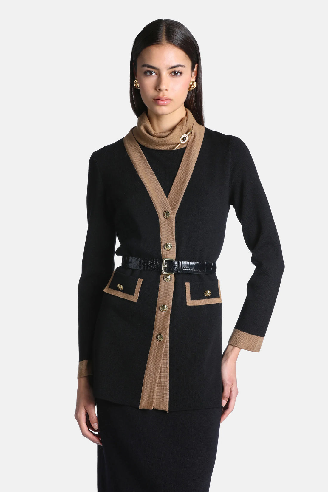 Luisa Spagnoli Nero/Cammello Women Malvia - Long Cardigan with Contrast Trims SKU: MALVIA_0101 2246 Image 02