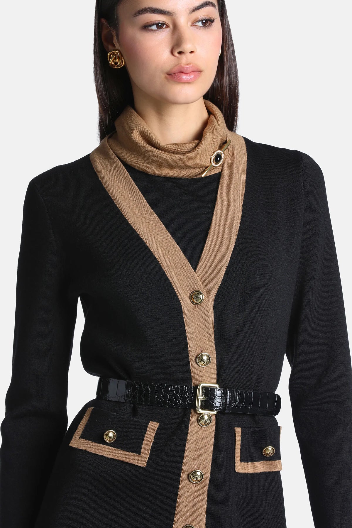 Luisa Spagnoli Nero/Cammello Women Malvia - Long Cardigan with Contrast Trims SKU: MALVIA_0101 2246 Image 04