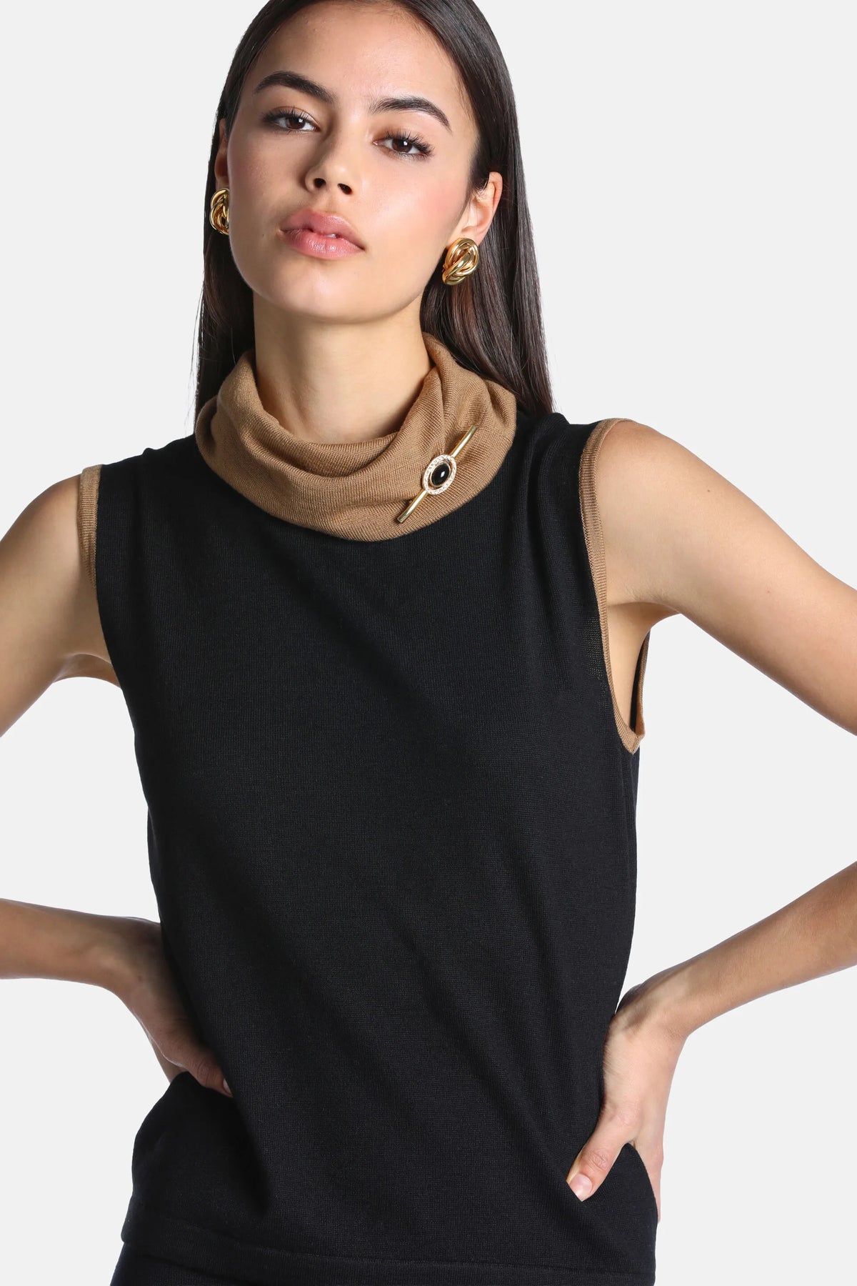 Luisa Spagnoli Nero/Cammello Women Mantecare - Sleeveless Turtleneck Sweater SKU: MANTECARE_0101 2246 Image 03