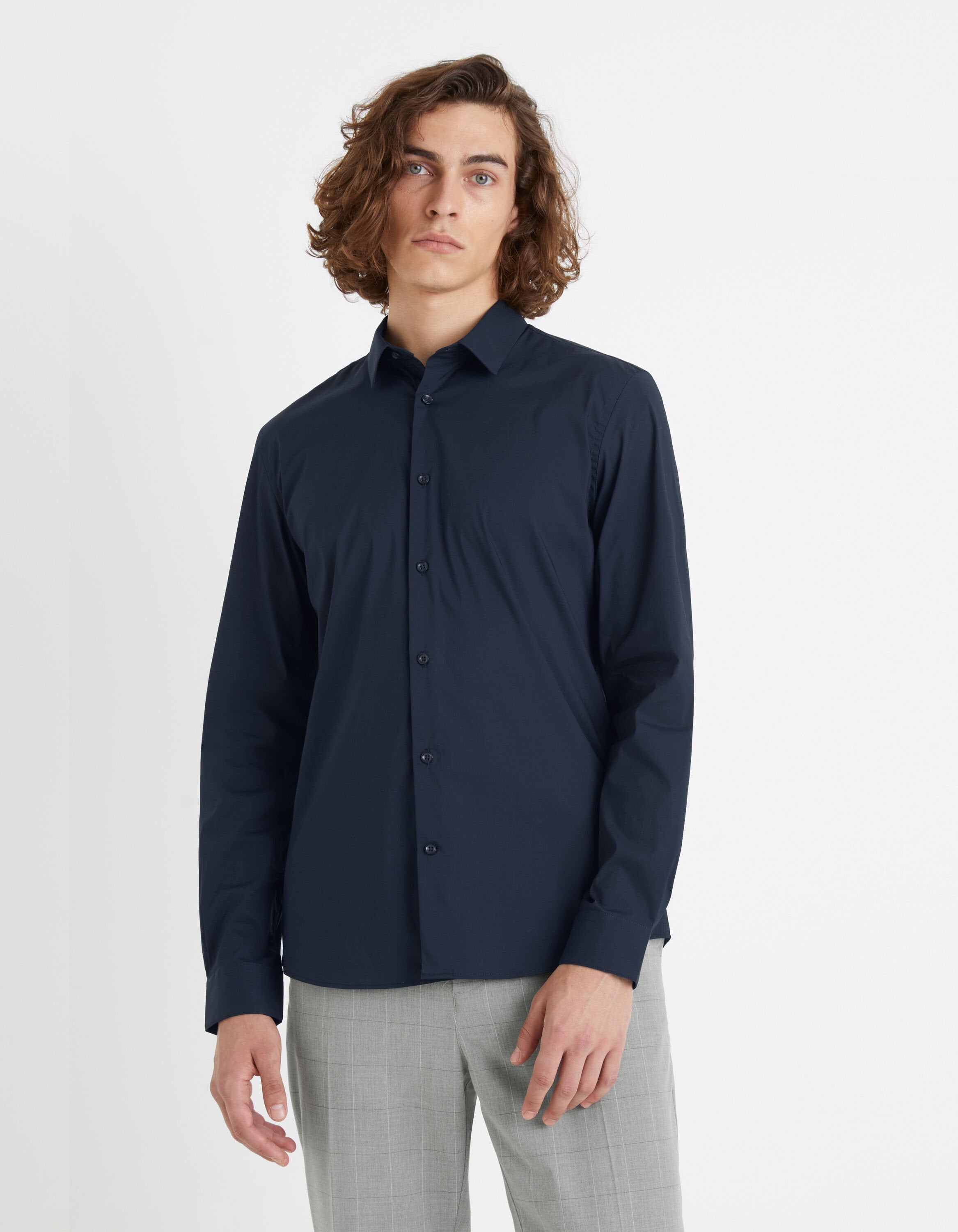 Slim Fit Stretch Cotton Shirt - Navy_02