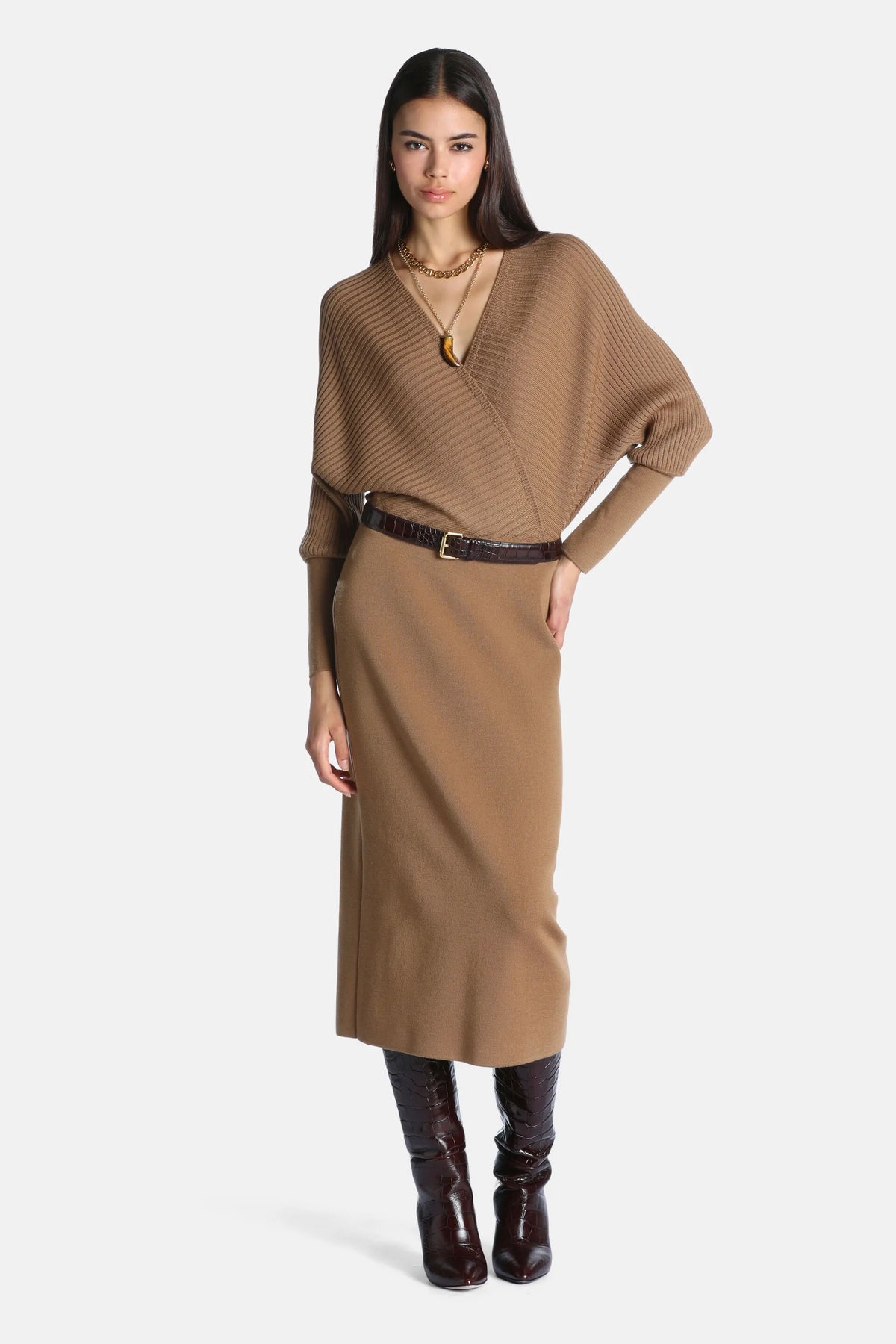 Luisa Spagnoli Cammello Women Mascal - Elegant Knitted Midi Dress SKU: MASCAL_2246 Image 04