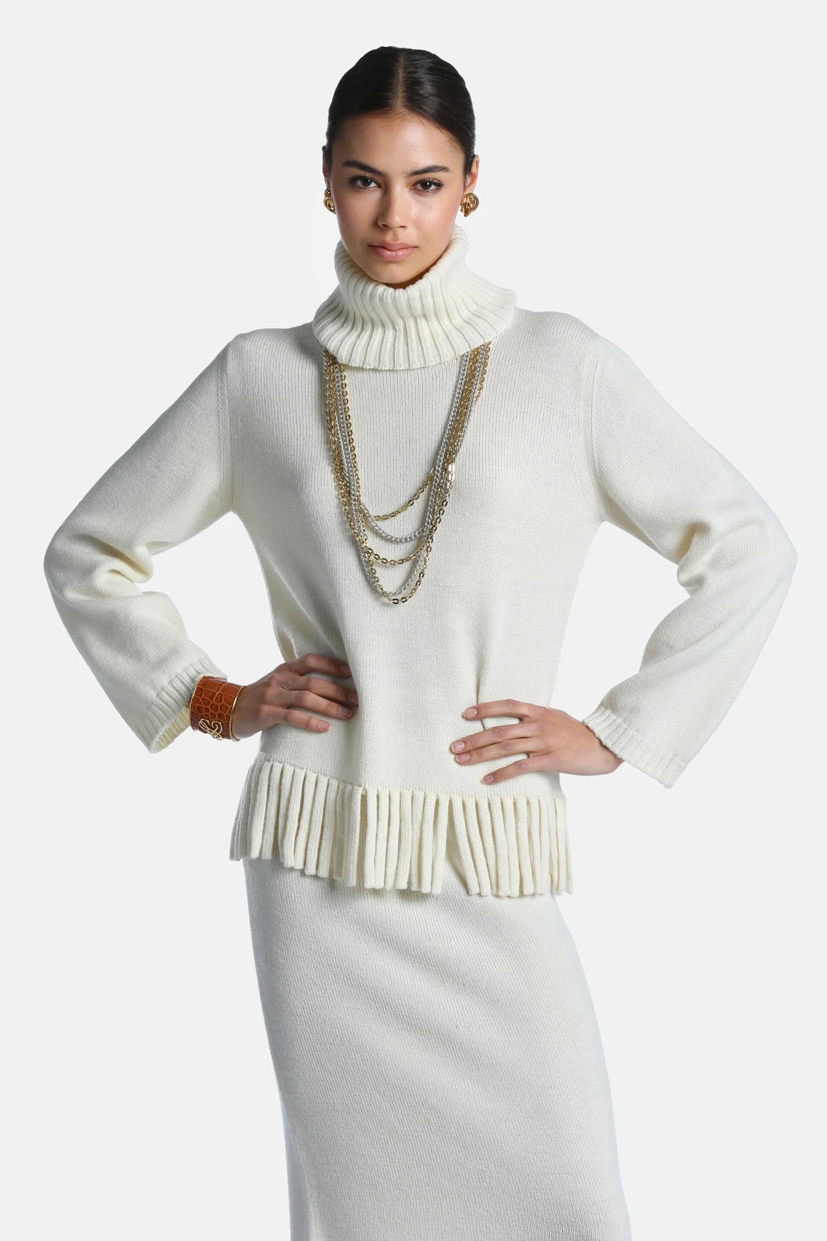 Luisa Spagnoli Panna Women Matri - Fringed Wool-Blend Turtleneck Sweater SKU: MATRI_0202 Image 01