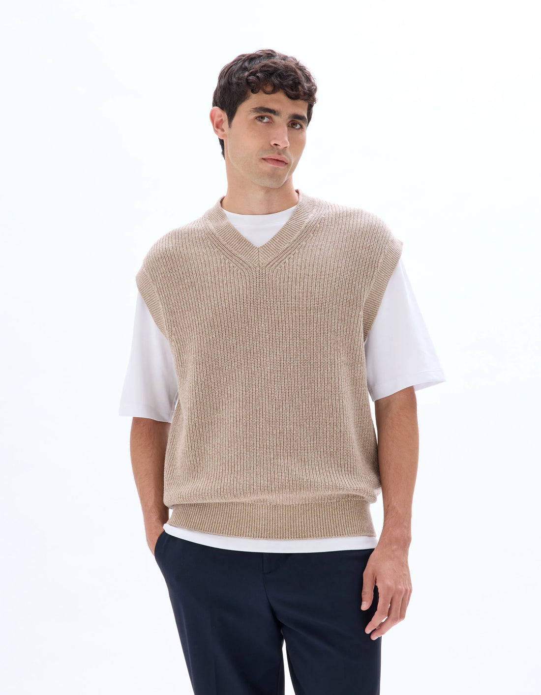 Celio_Beige Humus_100% Cotton Pearl Knit V-Neck Sweater_MEAUSTI_BEIGE HUMUS_02