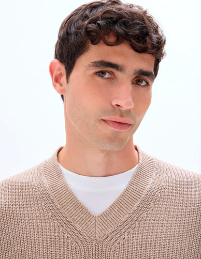 Celio_Beige Humus_100% Cotton Pearl Knit V-Neck Sweater_MEAUSTI_BEIGE HUMUS_04