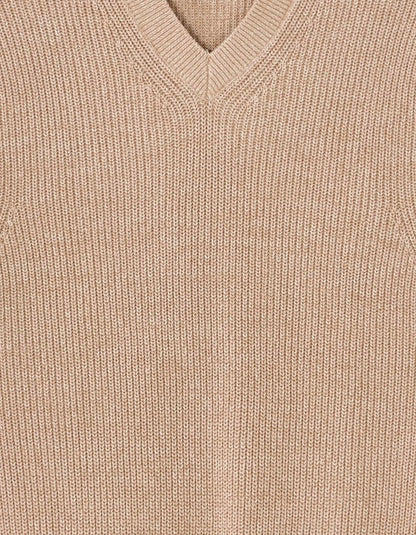 Celio_Beige Humus_100% Cotton Pearl Knit V-Neck Sweater_MEAUSTI_BEIGE HUMUS_06