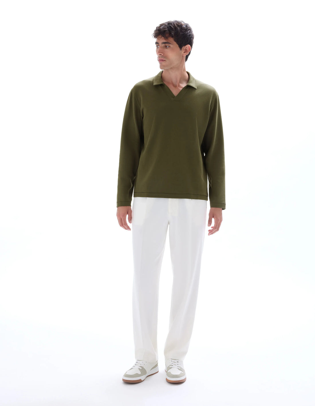Celio_Kaki_Regular Long-Sleeved Jersey Polo Shirt_MEDORT_KAKI_01