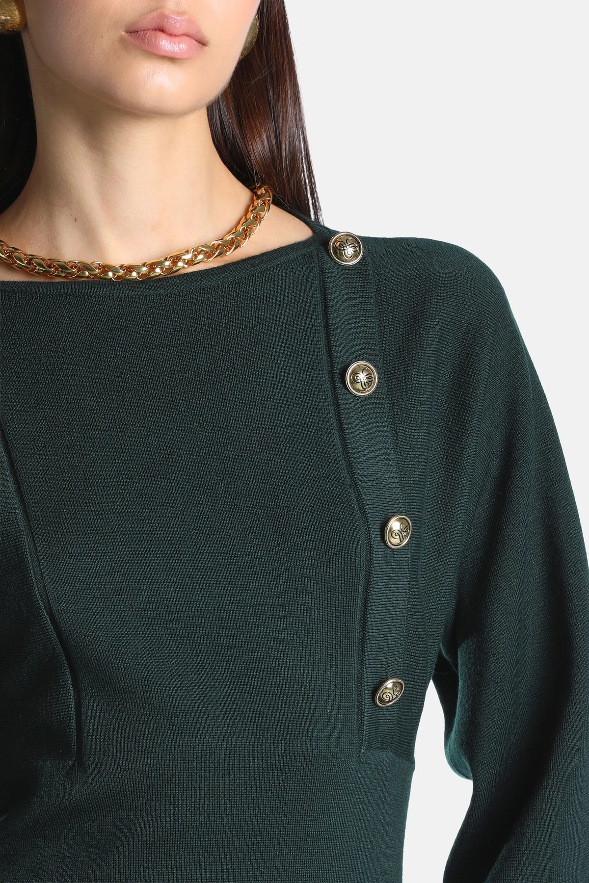 Luisa Spagnoli Verde Bottiglia Women Meduna - Wool Minidress with Heraldic Buttons SKU: MEDUNA_2050 Image 04
