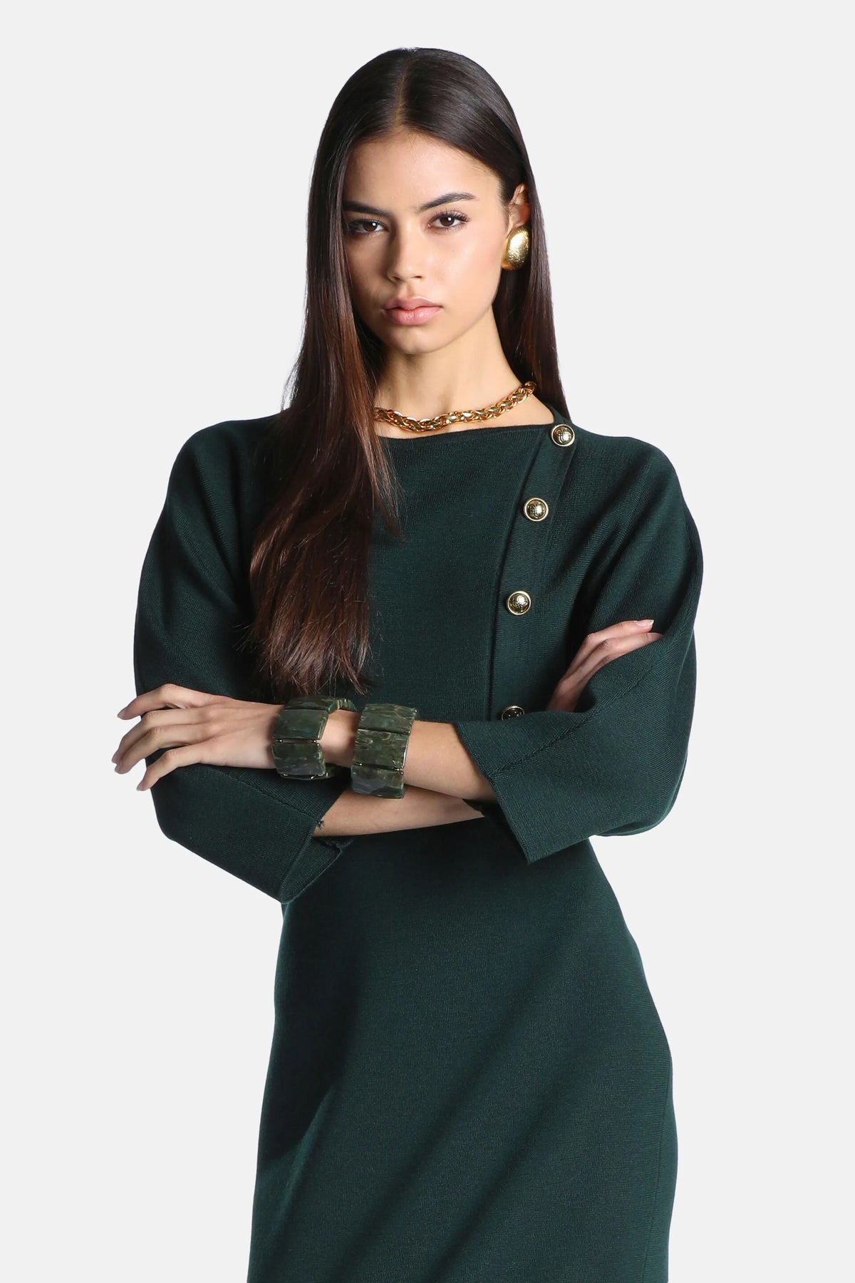 Luisa Spagnoli Verde Bottiglia Women Meduna - Wool Minidress with Heraldic Buttons SKU: MEDUNA_2050 Image 06