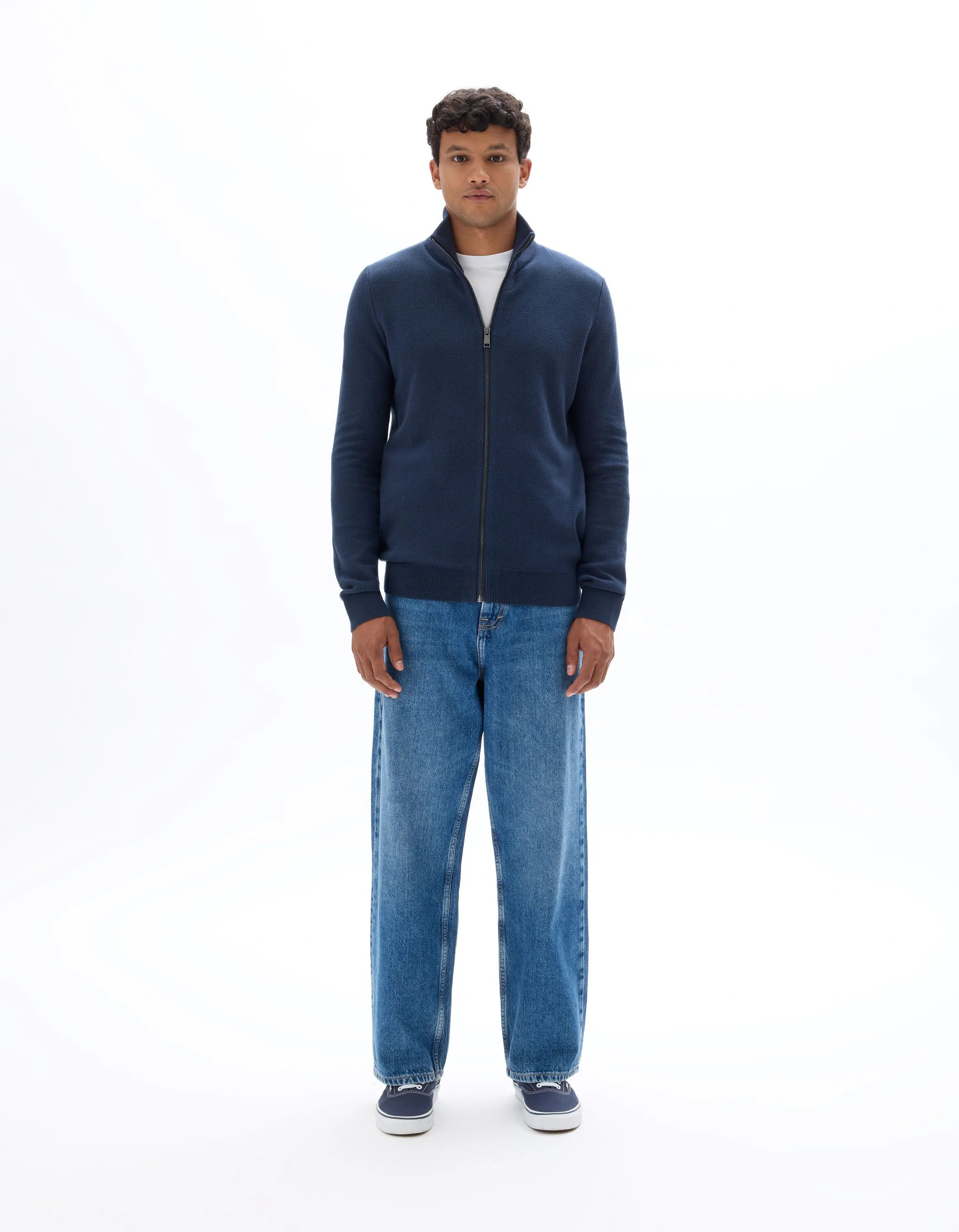 Celio_Navy_100% Cotton Pique Knit Cardigan_MELIMZIP_NAVY_01
