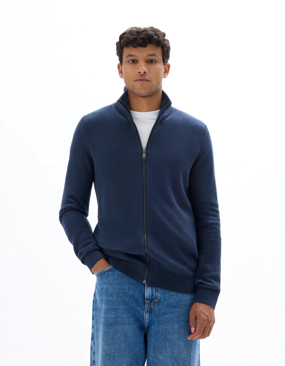 Celio_Navy_100% Cotton Pique Knit Cardigan_MELIMZIP_NAVY_02