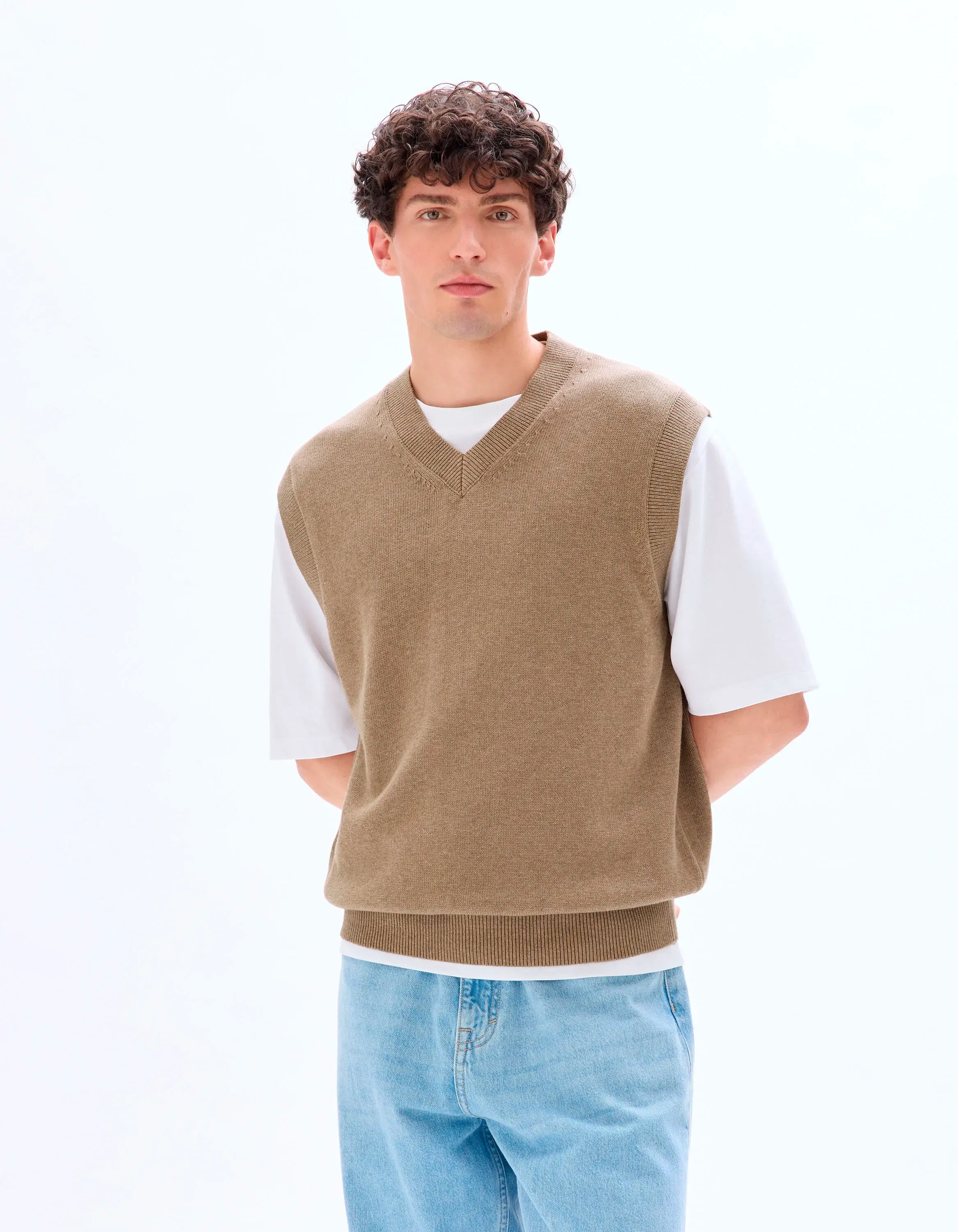 Celio_Beige Humus Mel_Sleeveless V-Neck Sweater 100% Cotton_MENIGHT_BEIGE HUMUS MEL_02