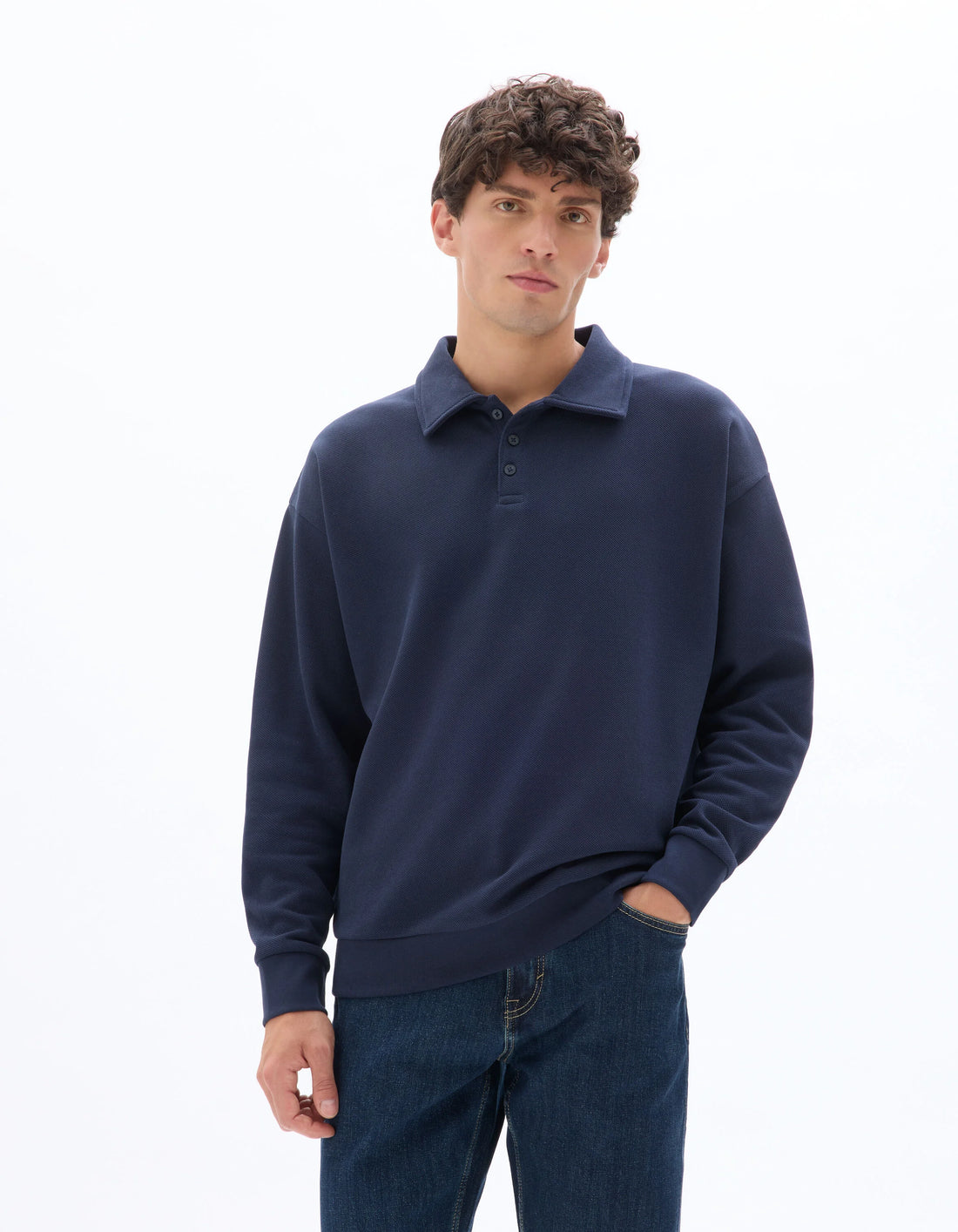 Celio_Navy_Regular Pique Polo Collar Sweatshirt_MEPOLOPIC_NAVY_01