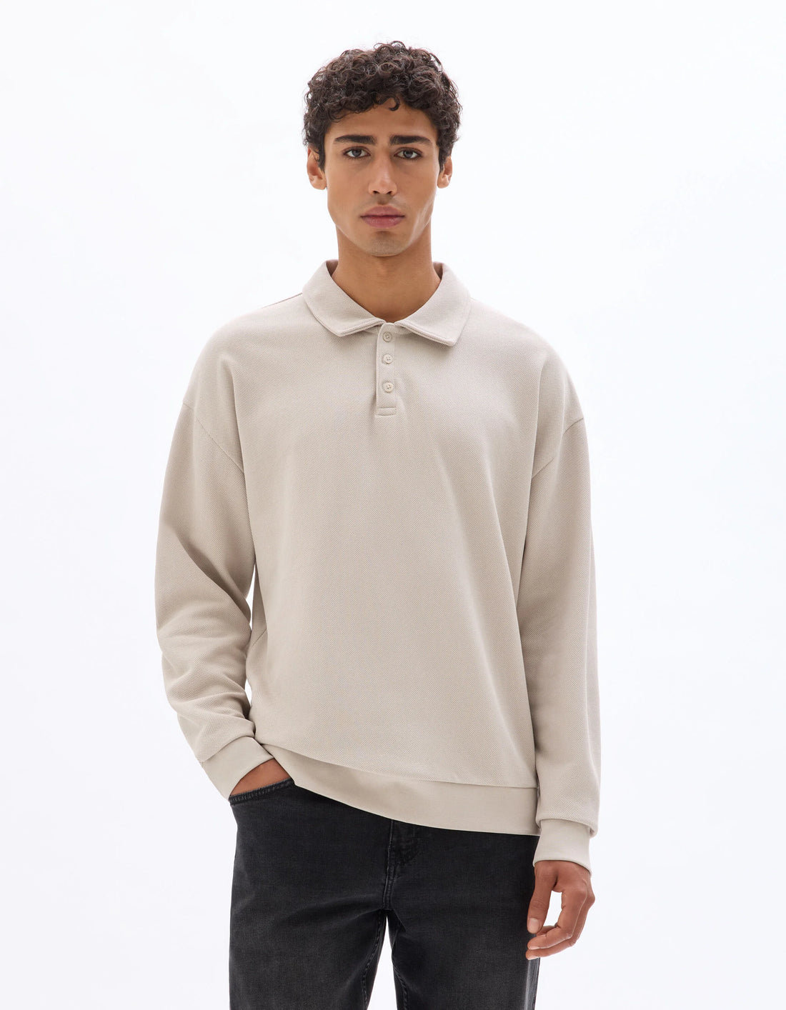 Celio_Sand_Regular Pique Polo Collar Sweatshirt_MEPOLOPIC_SAND_01