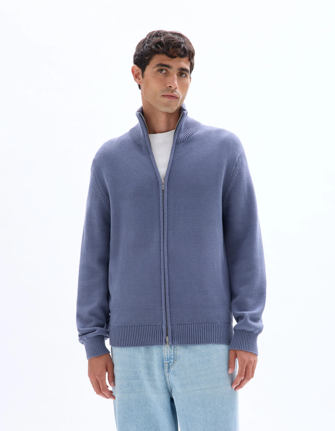 Celio_Blue_100% Cotton Zip-Up Trucker Cardigan - Anthracite_MERCIDUS_DARK STORM_01