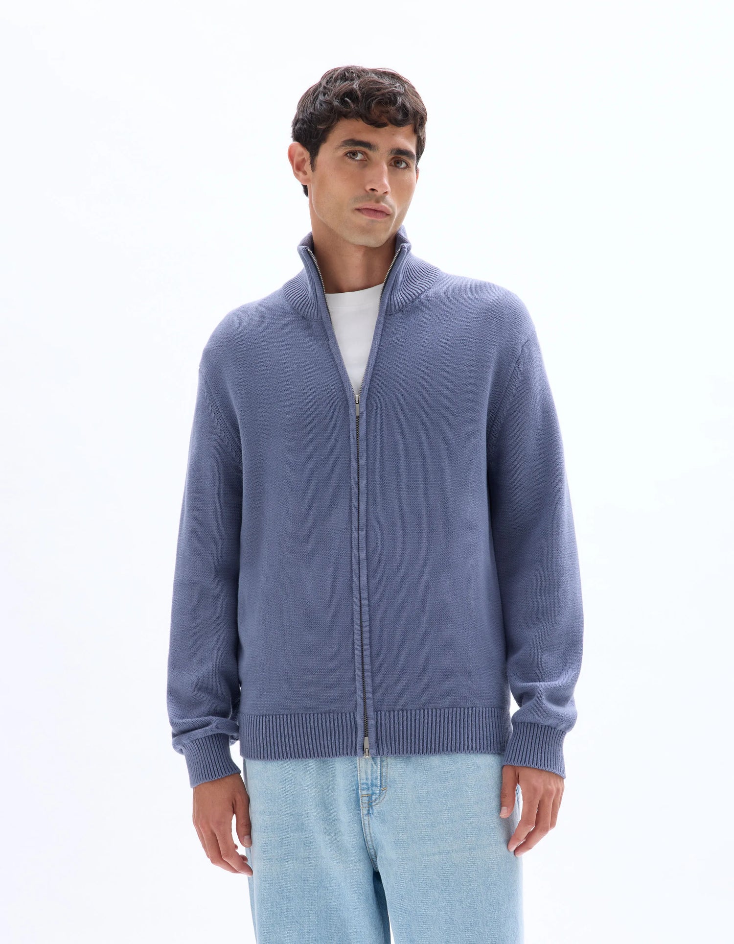 Celio_Blue_100% Cotton Zip-Up Trucker Cardigan - Anthracite_MERCIDUS_DARK STORM_01