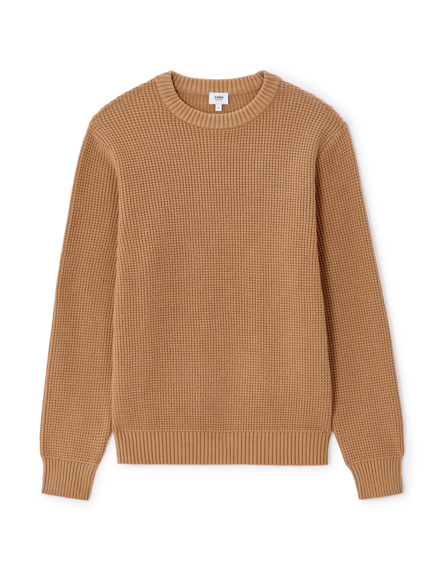 Celio_Beige_Regular Crew Neck Waffle Sweater in Cotton Blend - Camel_MEWAFFY_CAMEL_01
