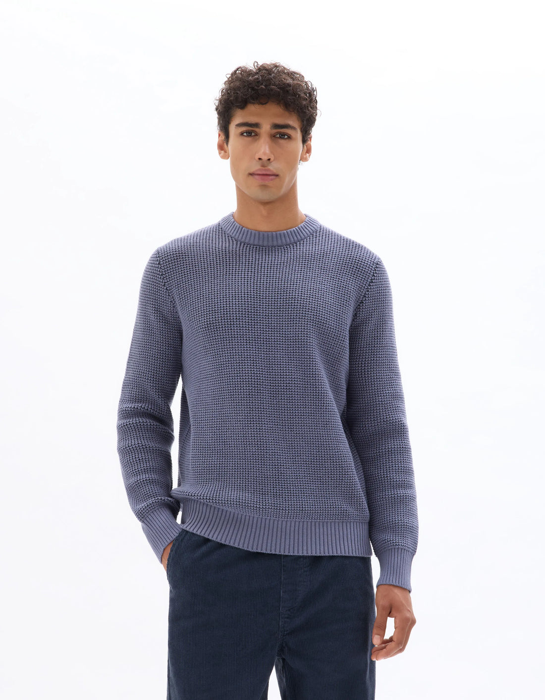 Celio_Blue_Regular Crew Neck Waffle Sweater in Cotton Blend - Anthracite_MEWAFFY_DARK STORM_01