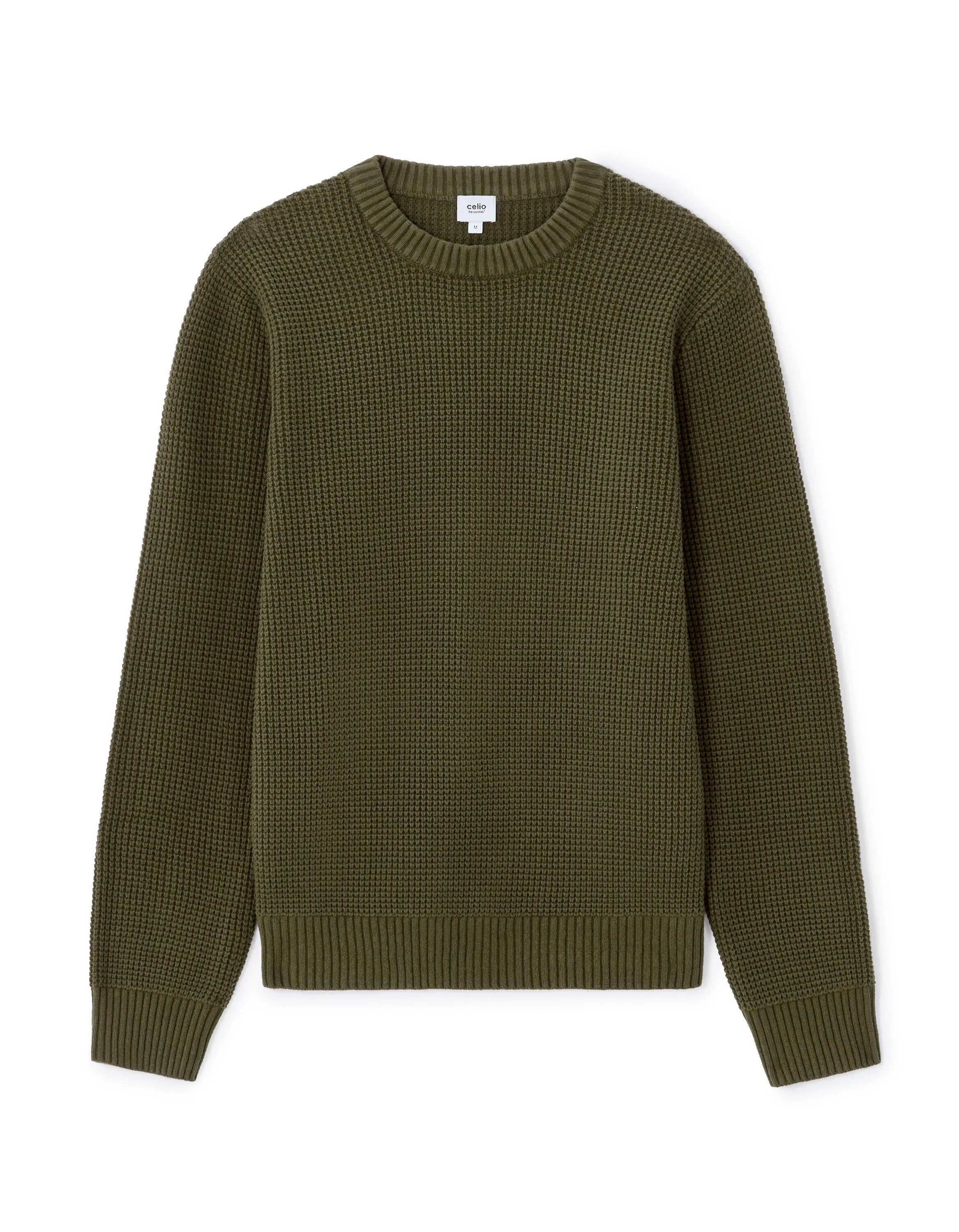 Celio_Green_Regular Crew Neck Waffle Sweater in Cotton Blend - Khaki_MEWAFFY_KAKI_01