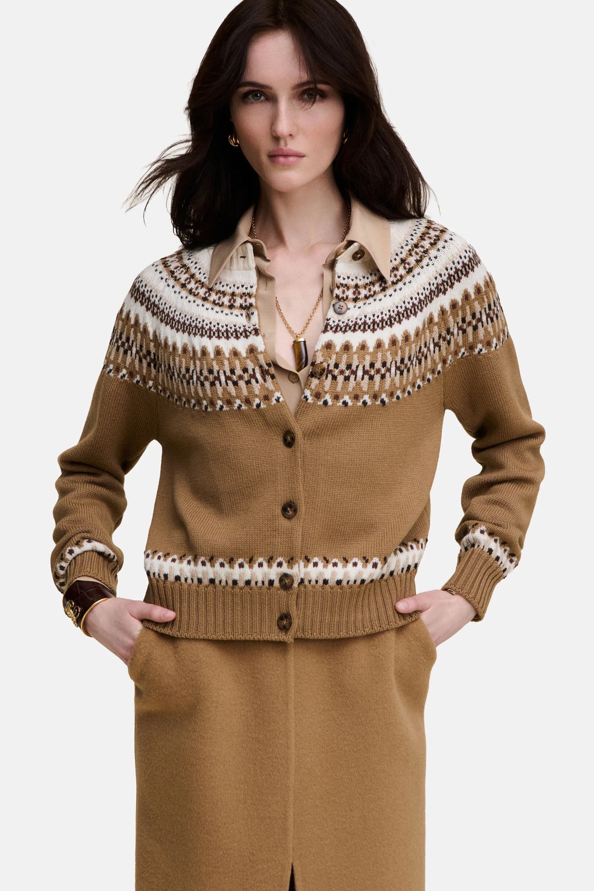 Luisa Spagnoli Var Cammello Women Mity - Fair Isle-Inspired Cardigan SKU: MITY_3374 Image 01