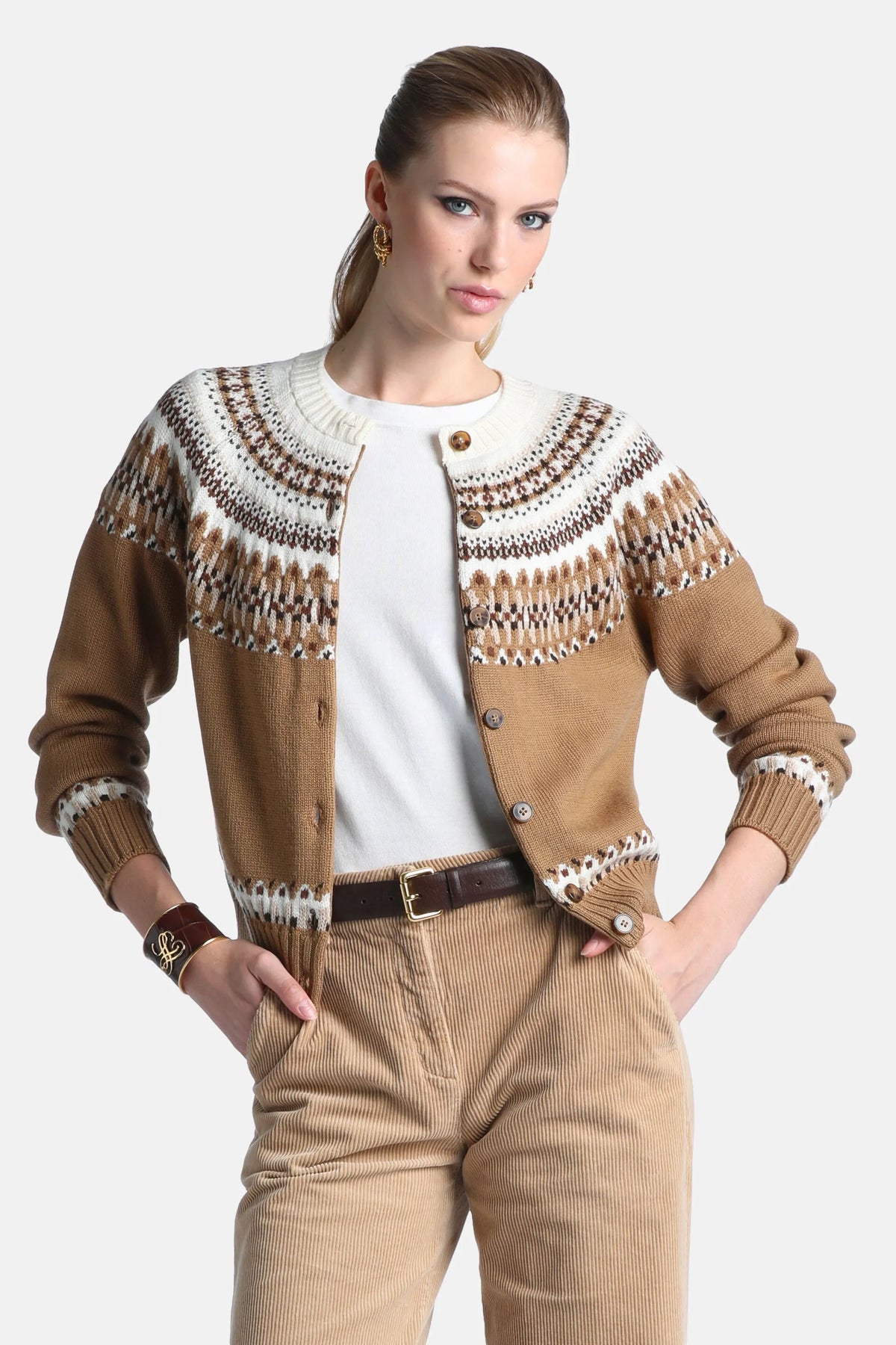 Luisa Spagnoli Var Cammello Women Mity - Fair Isle-Inspired Cardigan SKU: MITY_3374 Image 02