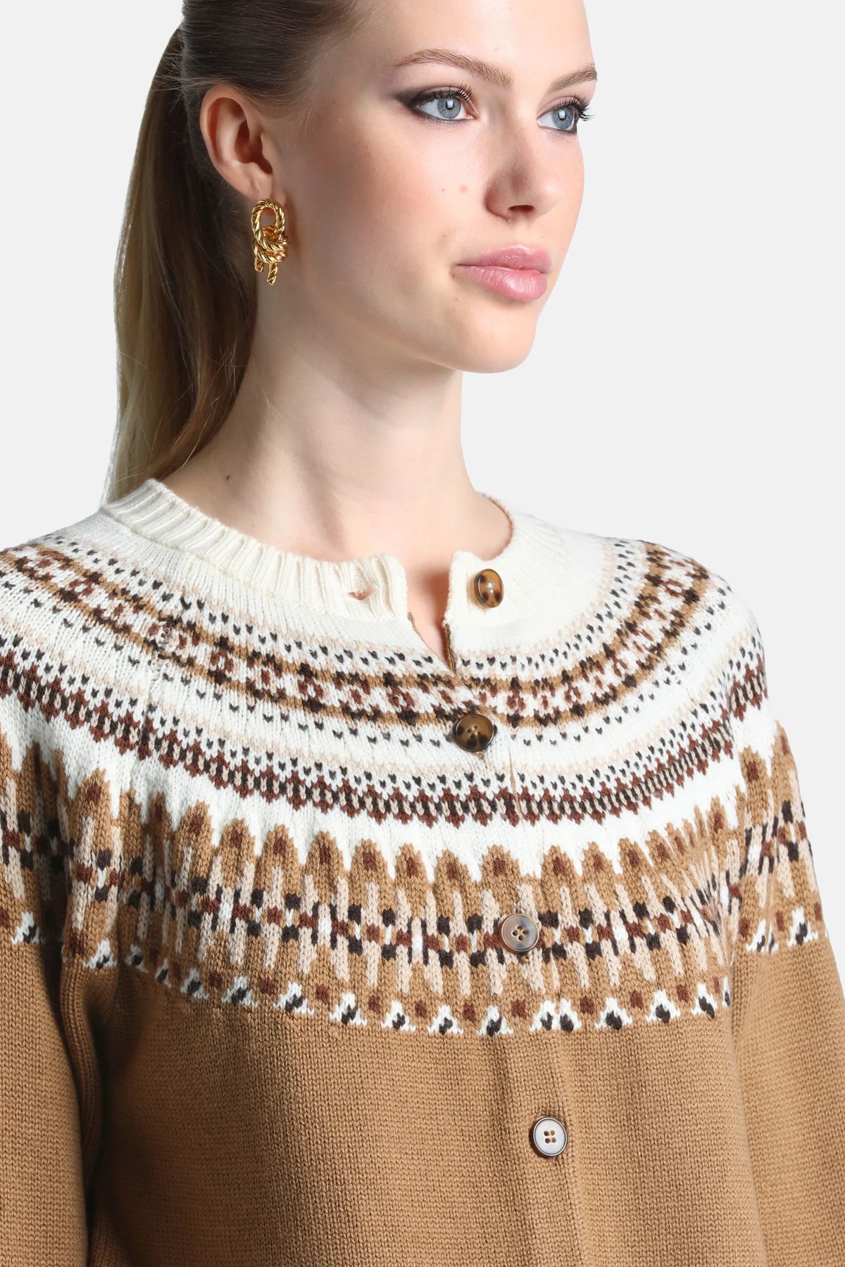 Luisa Spagnoli Var Cammello Women Mity - Fair Isle-Inspired Cardigan SKU: MITY_3374 Image 05