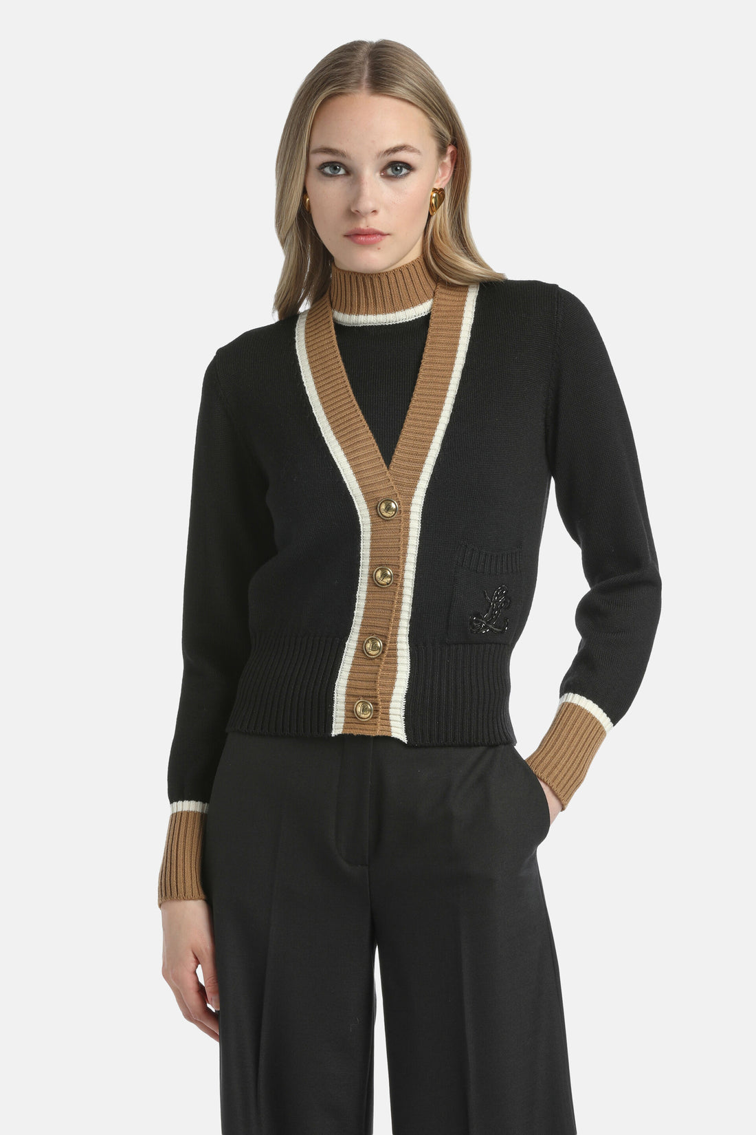 Luisa Spagnoli_Nero/Biscotto/Panna_Monoposto - Embroidered Cardigan_MONOPOSTO_0101 2246 0202_01