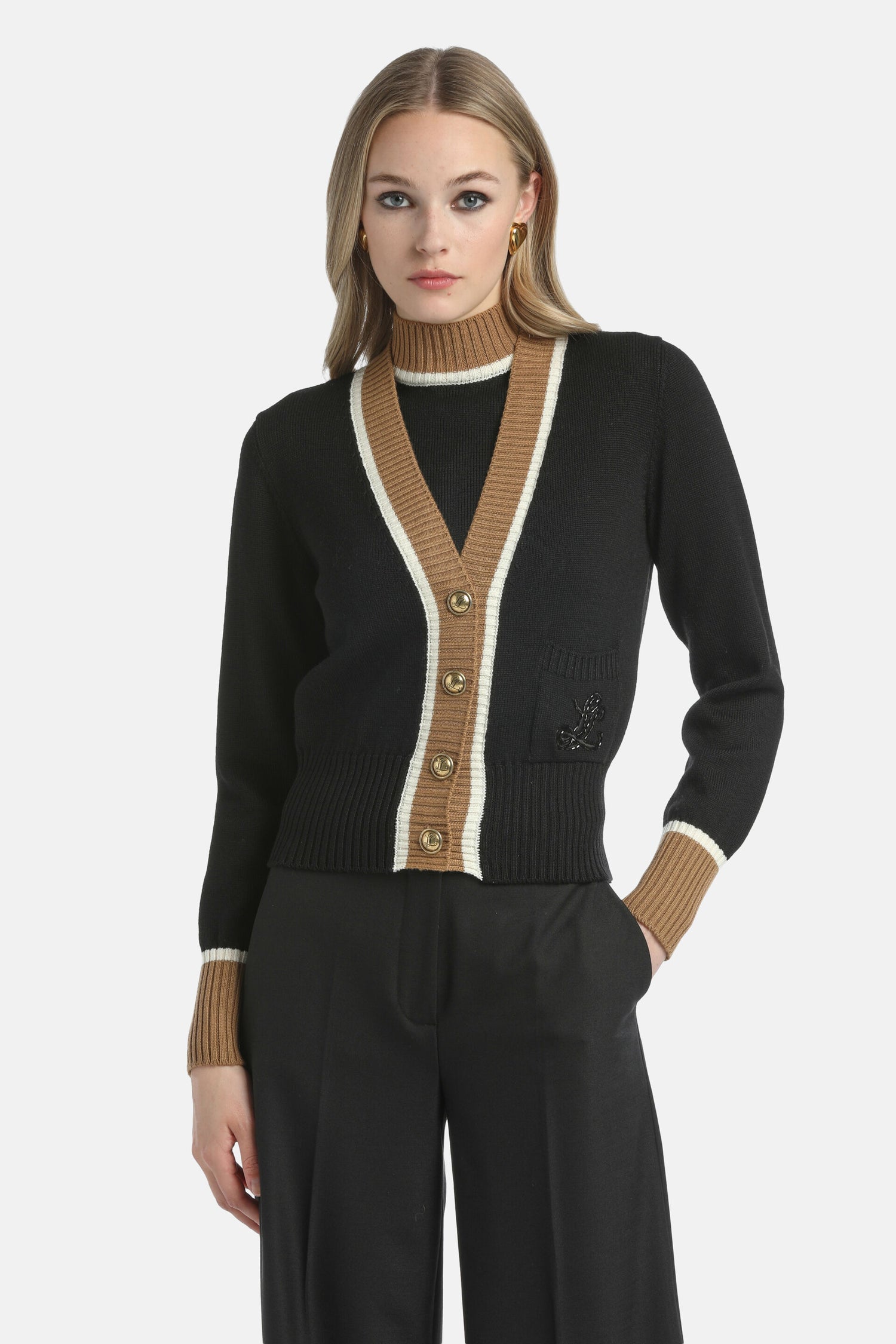 Luisa Spagnoli_Nero/Biscotto/Panna_Monoposto - Embroidered Cardigan_MONOPOSTO_0101 2246 0202_01