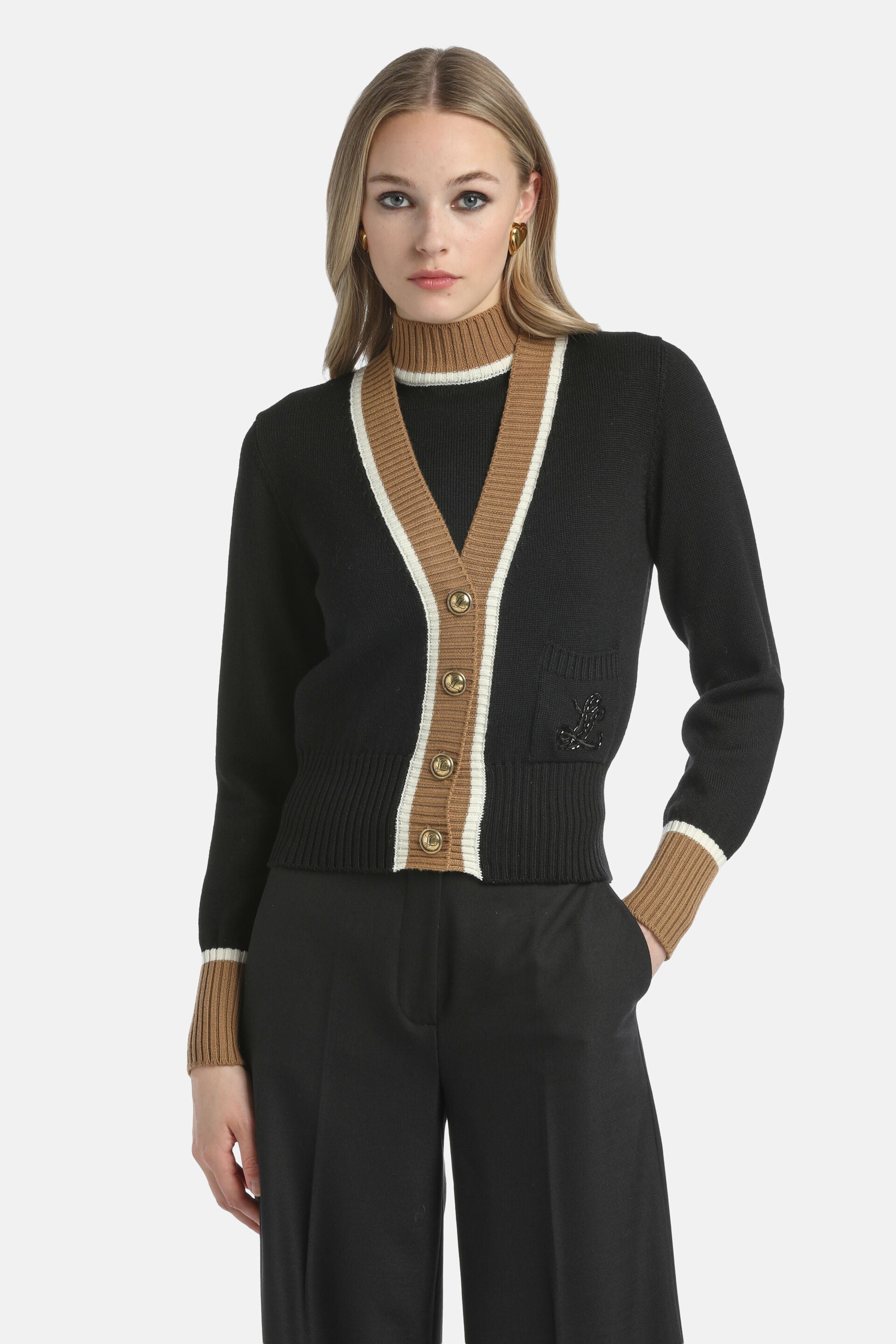 Luisa Spagnoli_Nero/Biscotto/Panna_Monoposto - Embroidered Cardigan_MONOPOSTO_0101 2246 0202_01