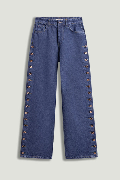 Nocturne Dark Blue Women Eyelet Detail Wide-Leg Denim Pants SKU: N26YD18167_0070 Image 01