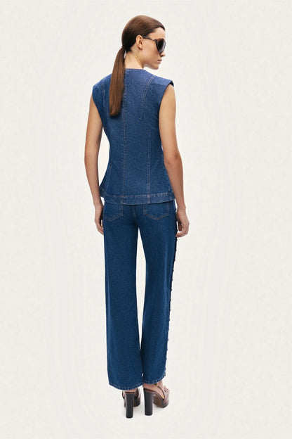 Nocturne Dark Blue Women Eyelet Detail Wide-Leg Denim Pants SKU: N26YD18167_0070 Image 05