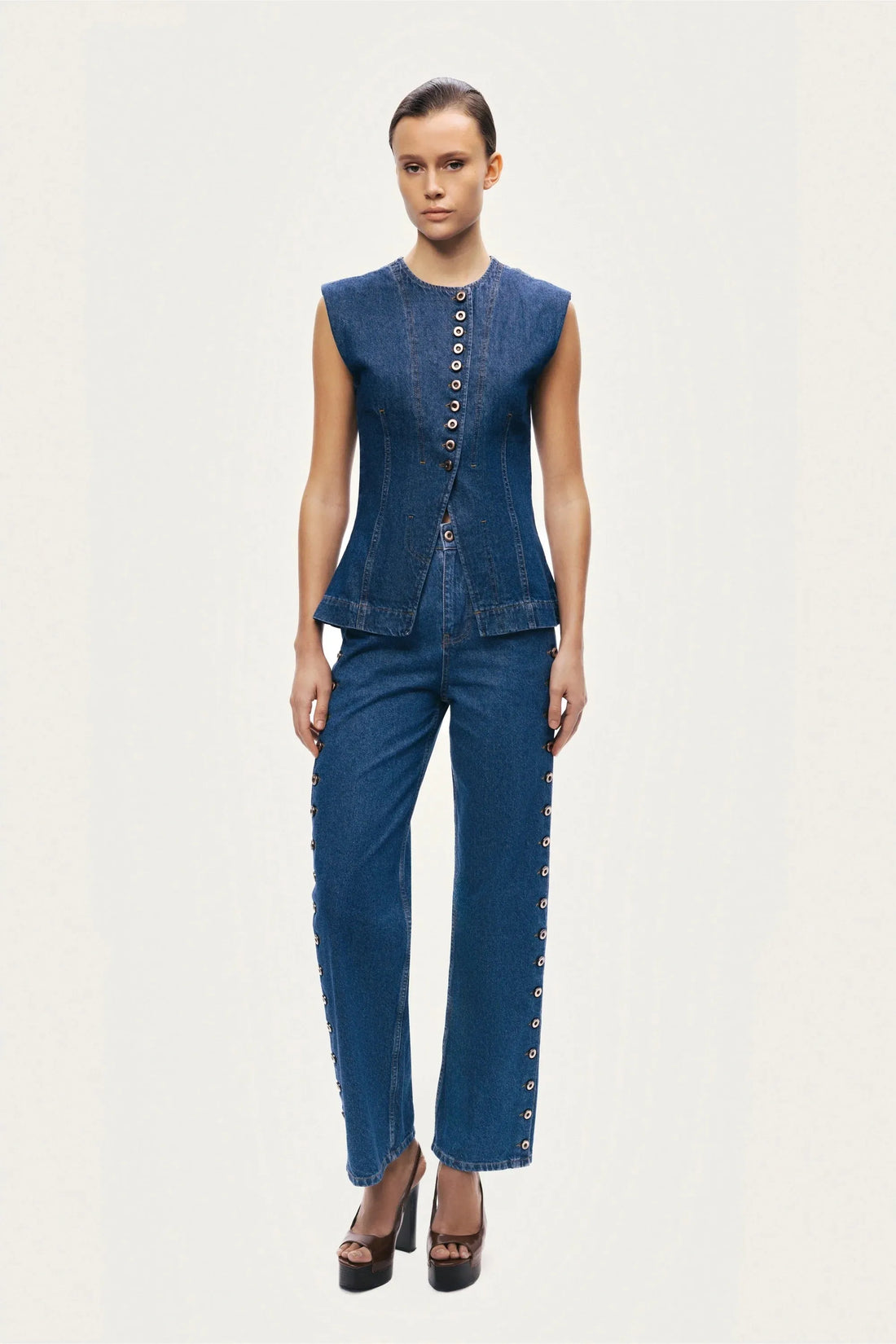 Nocturne Dark Blue Women Eyelet Detail Wide-Leg Denim Pants SKU: N26YD18167_0070 Image 07