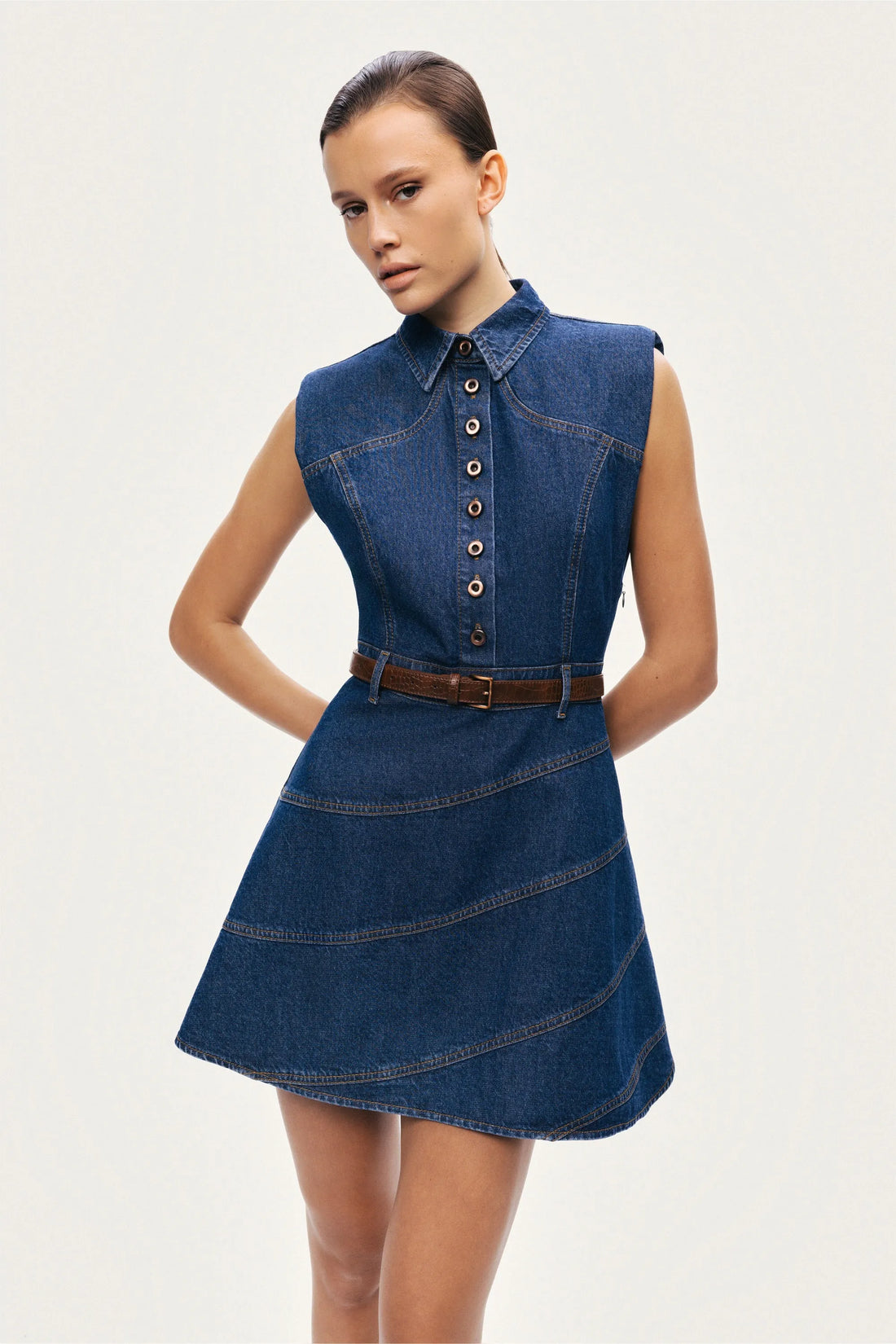 Nocturne Dark Blue Women Belted Denim Mini Dress SKU: N26YD2737_0070 Image 03