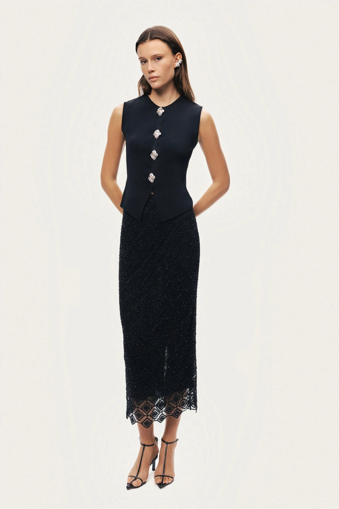Nocturne Black Women Embellished Sleeveless Knit Top SKU: N26YD50190_0002 Image 03