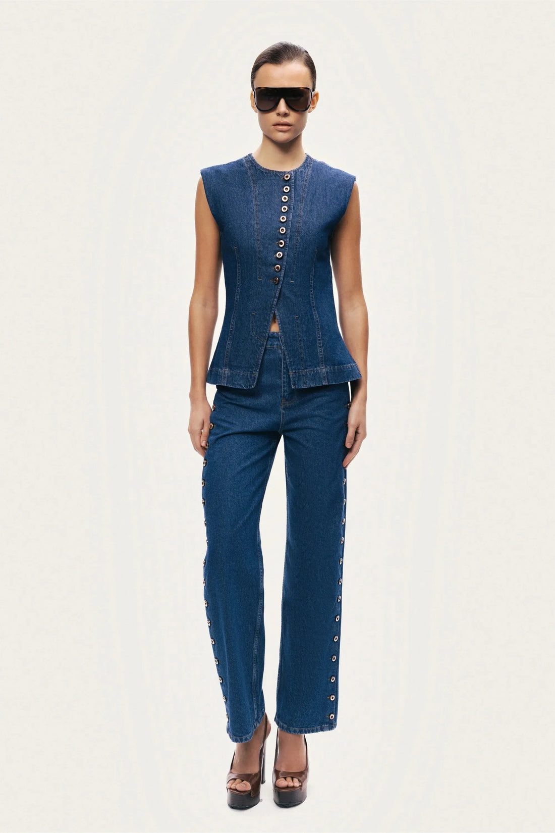 Nocturne Dark Blue Women Button-Front Denim Vest SKU: N26YD7080_0070 Image 02