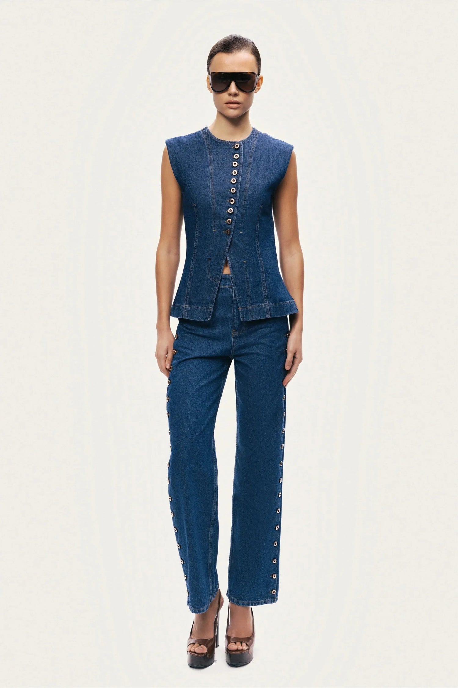Nocturne Dark Blue Women Button-Front Denim Vest SKU: N26YD7080_0070 Image 02