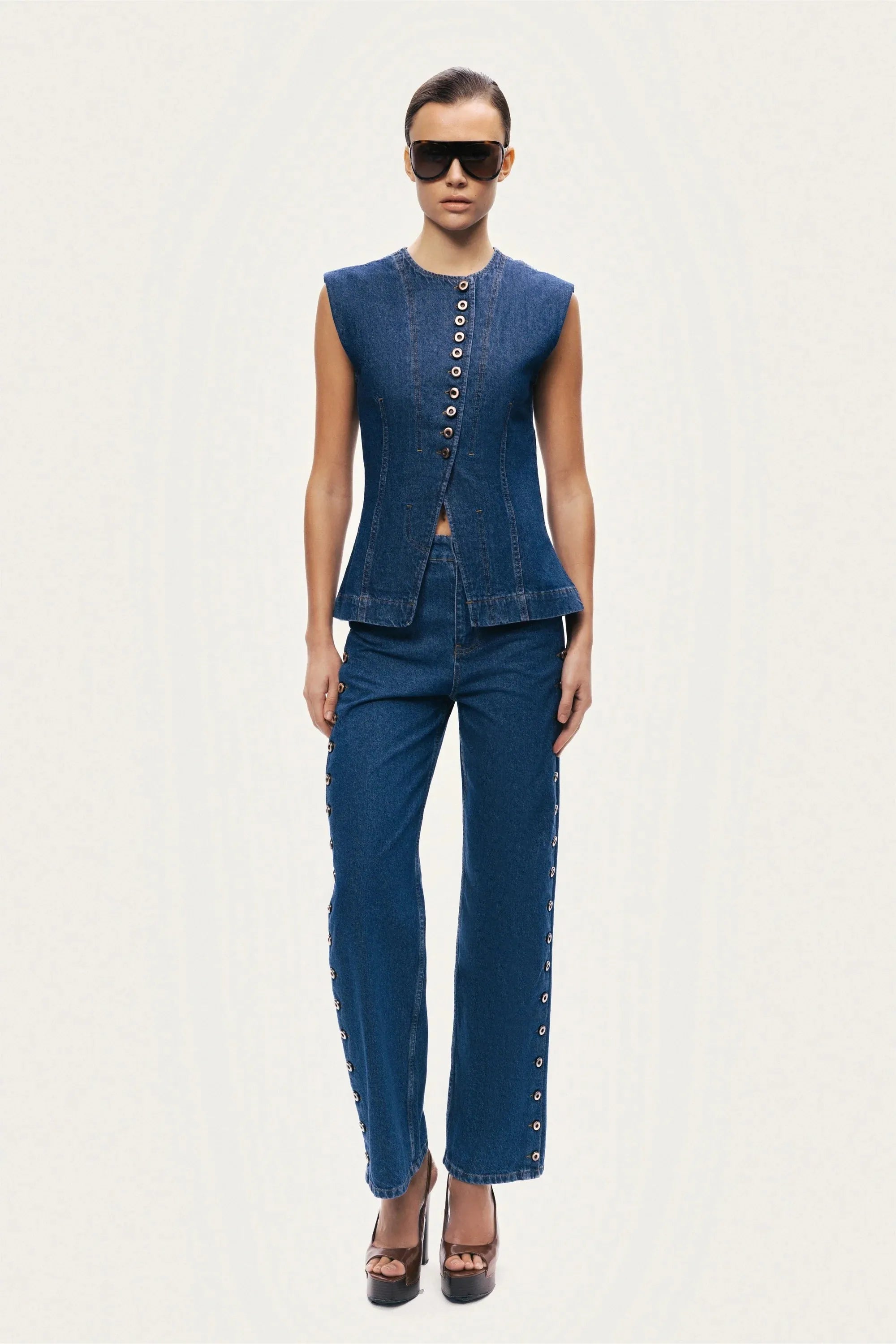 Nocturne Dark Blue Women Button-Front Denim Vest SKU: N26YD7080_0070 Image 02