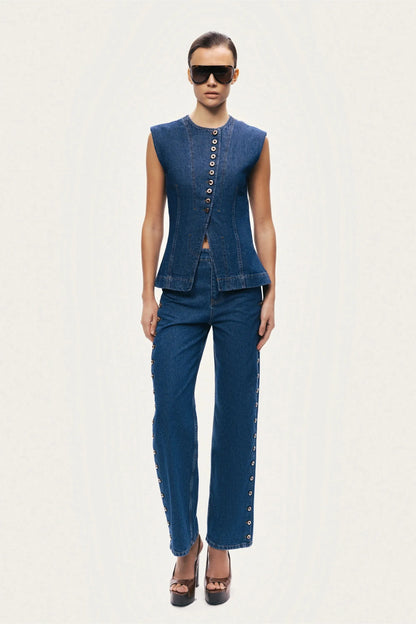 Nocturne Dark Blue Women Button-Front Denim Vest SKU: N26YD7080_0070 Image 02