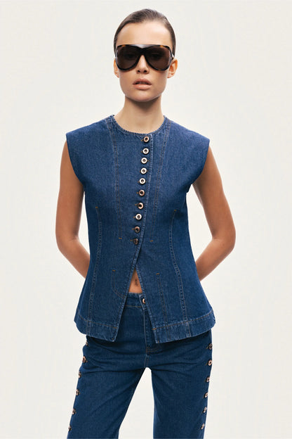 Nocturne Dark Blue Women Button-Front Denim Vest SKU: N26YD7080_0070 Image 03
